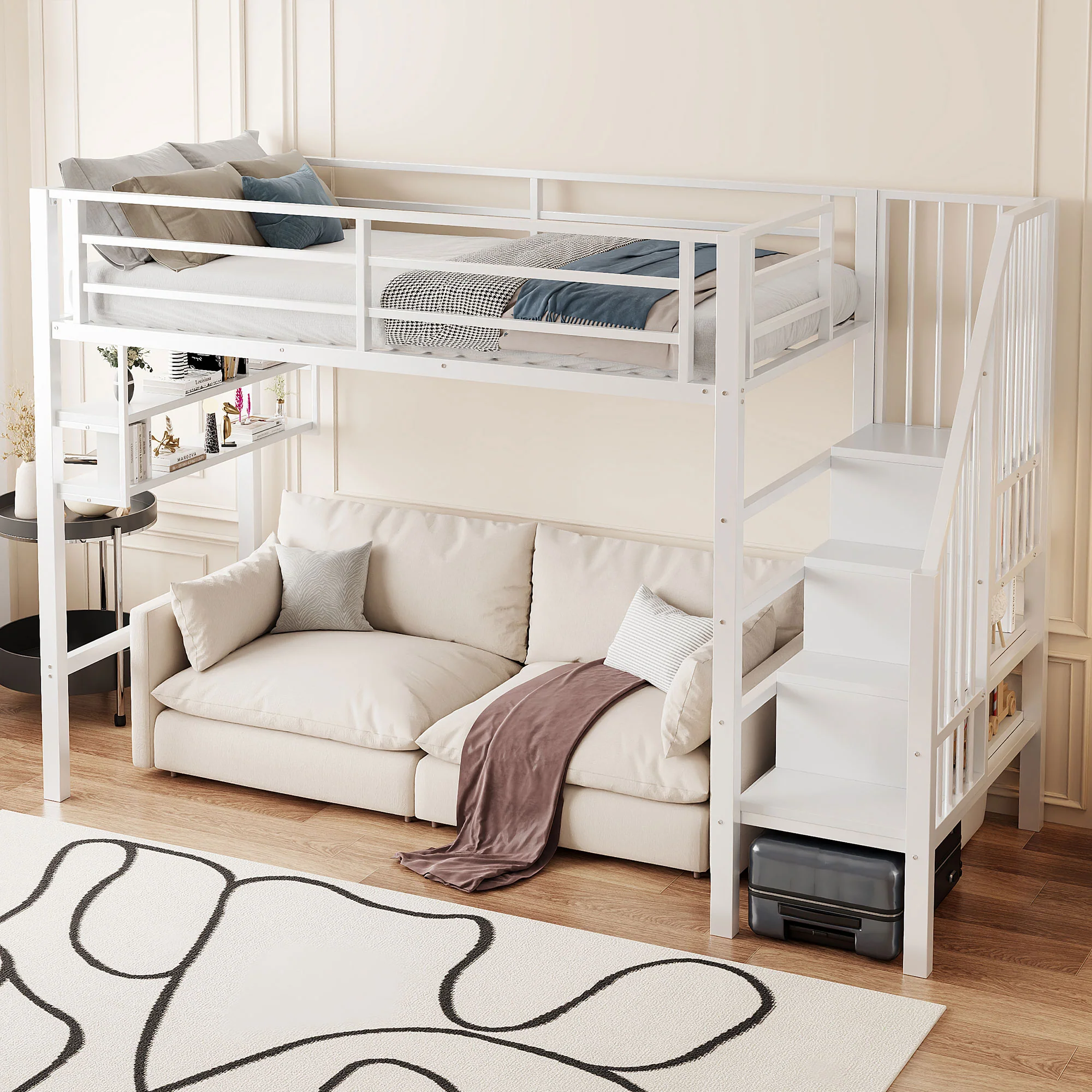 Loft Bed 90x200cm Storage Ladder Shelves - White - Image 4