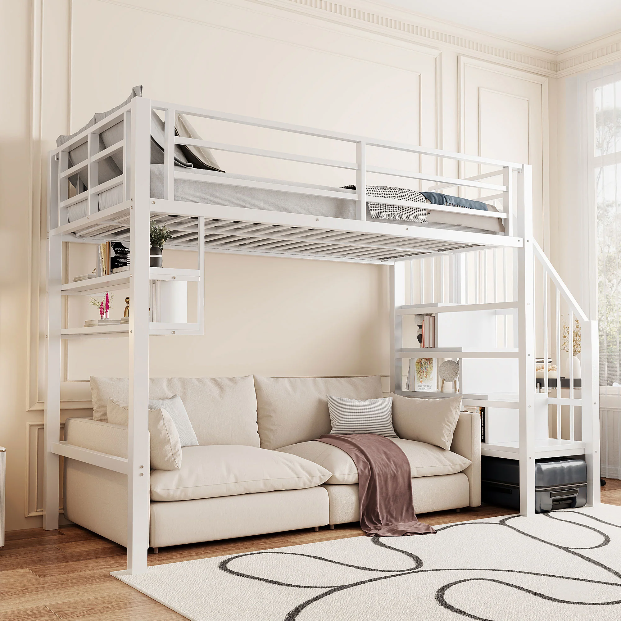 Loft Bed 90x200cm Storage Ladder Shelves - White - Image 5