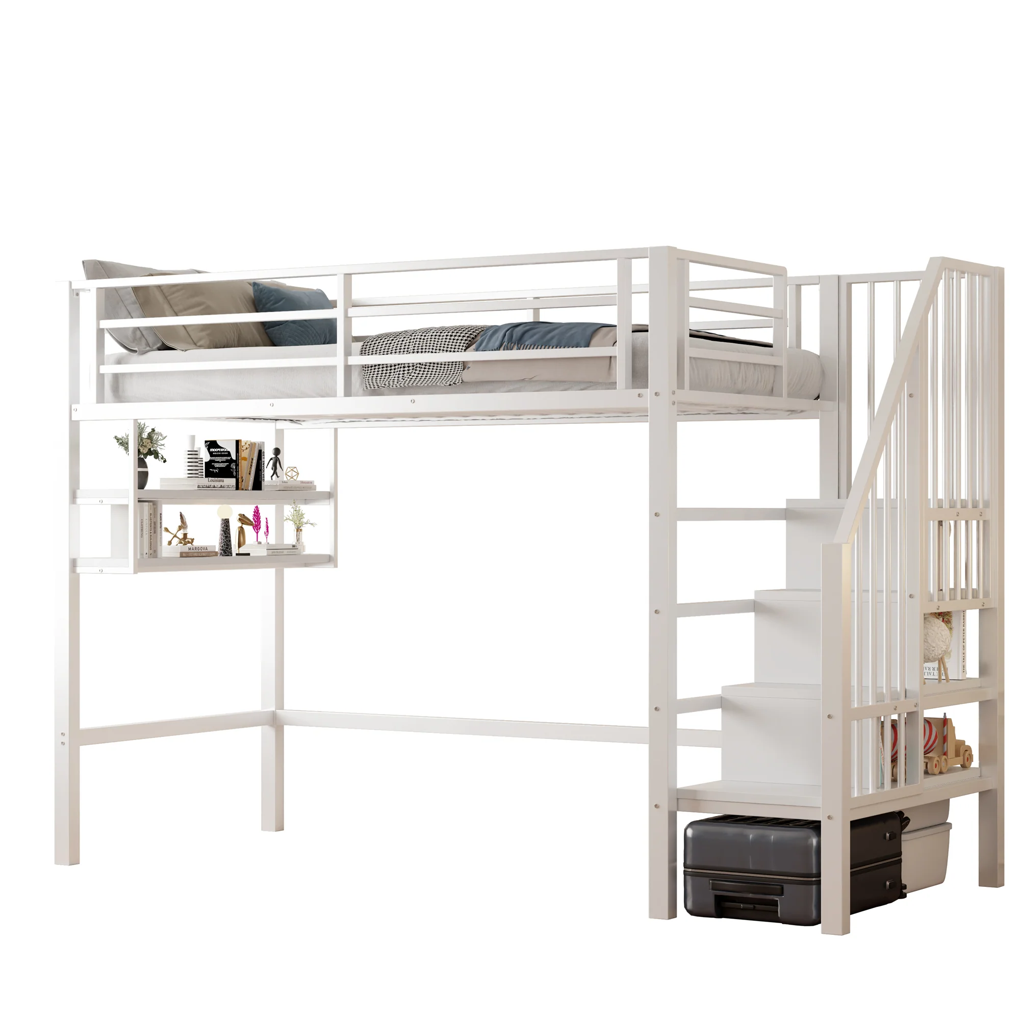 Loft Bed 90x200cm Storage Ladder Shelves - White - Image 6