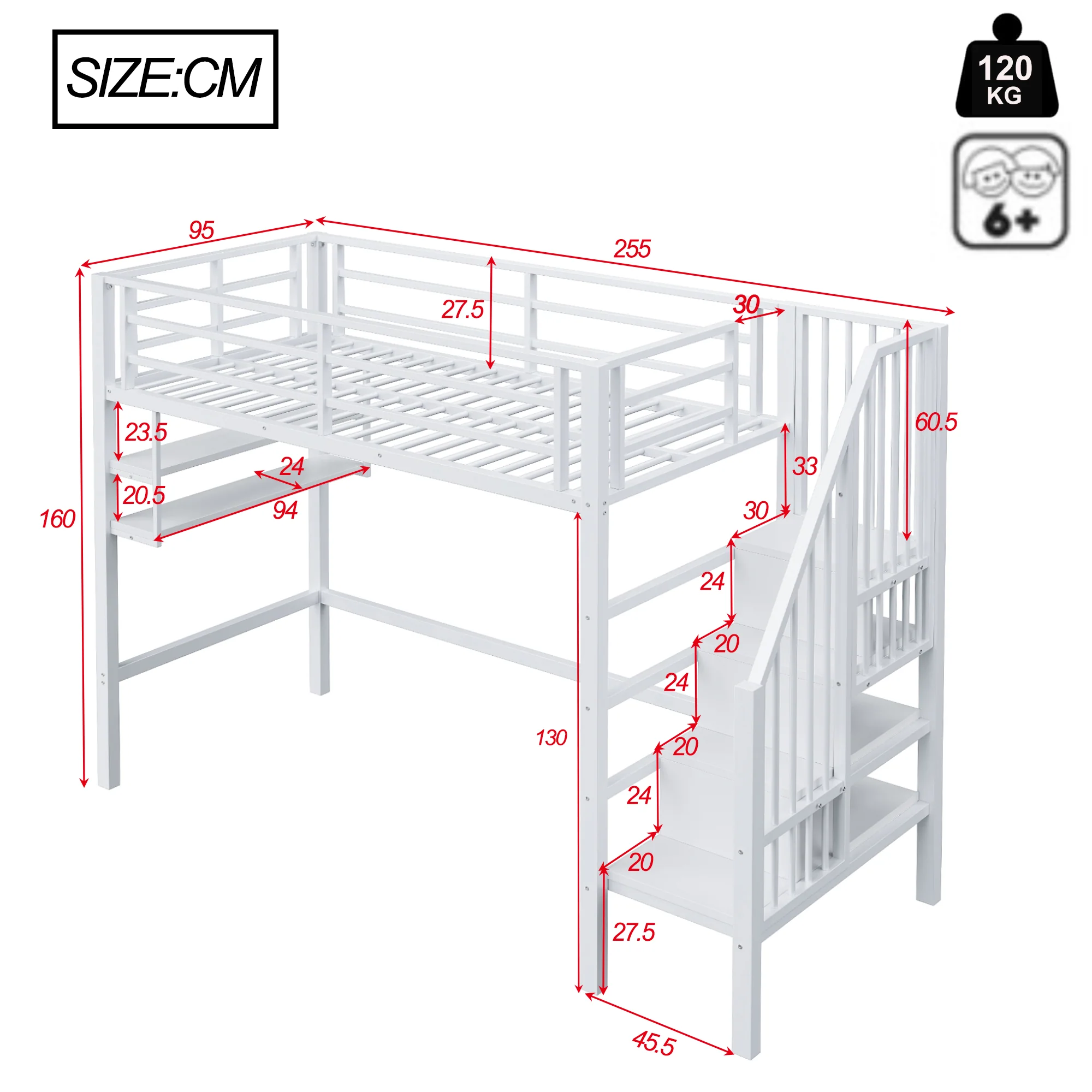 Loft Bed 90x200cm Storage Ladder Shelves - White - Image 7