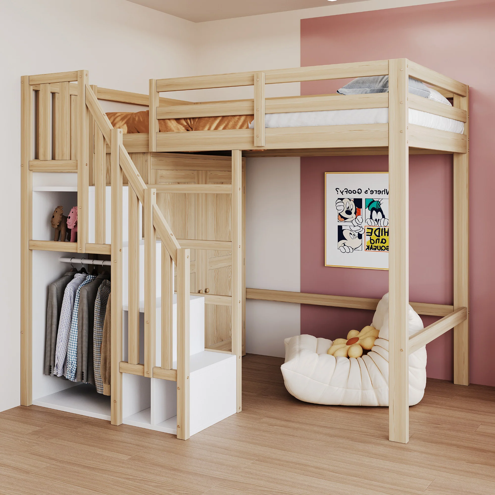 Loft Bed 90x200cm Storage Ladder Wardrobe Solid Wood - Natural Wood Color - Image 2