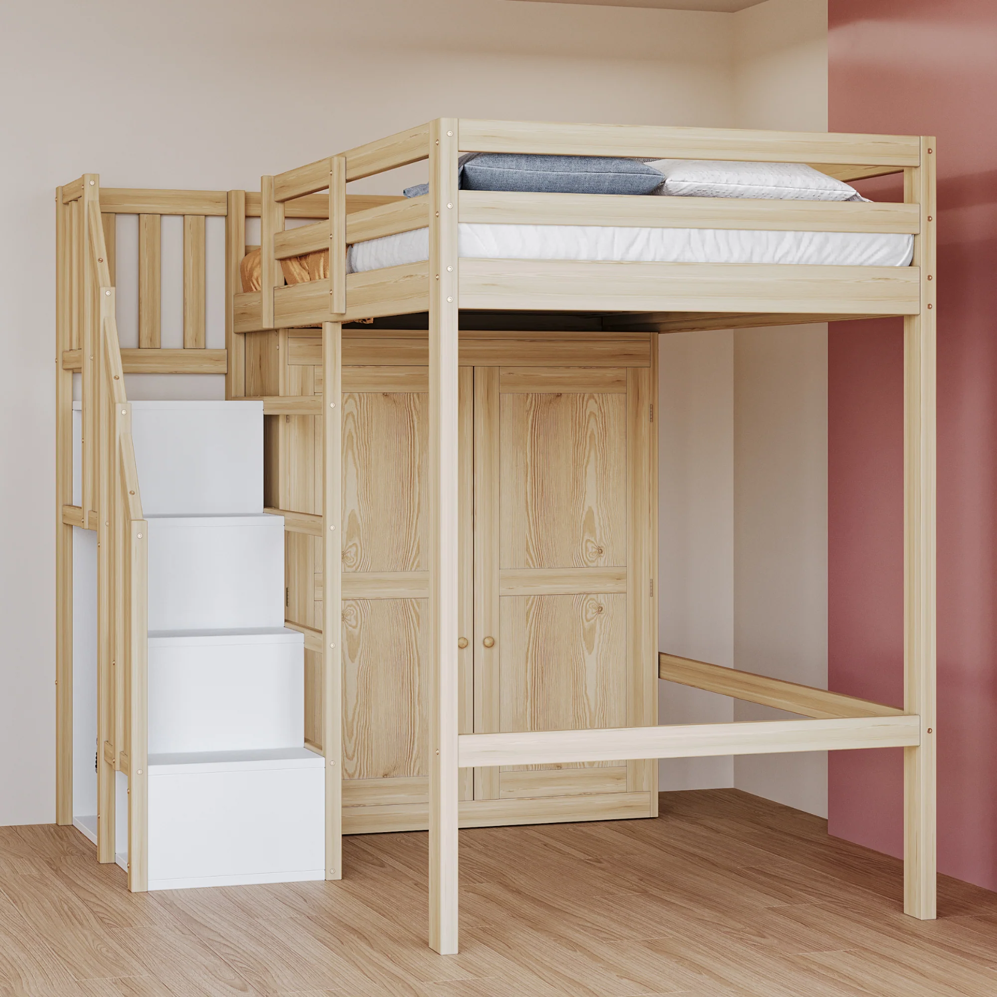 Loft Bed 90x200cm Storage Ladder Wardrobe Solid Wood - Natural Wood Color - Image 3