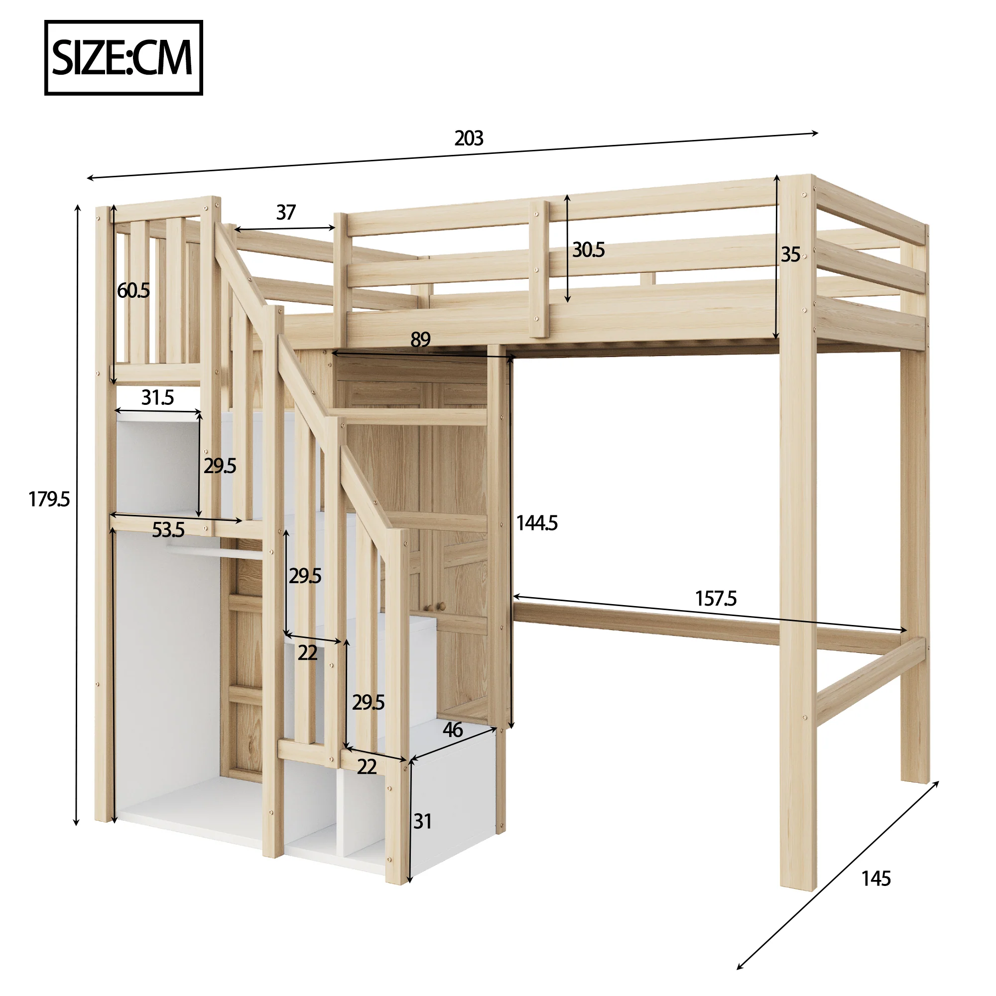 Loft Bed 90x200cm Storage Ladder Wardrobe Solid Wood - Natural Wood Color - Image 4