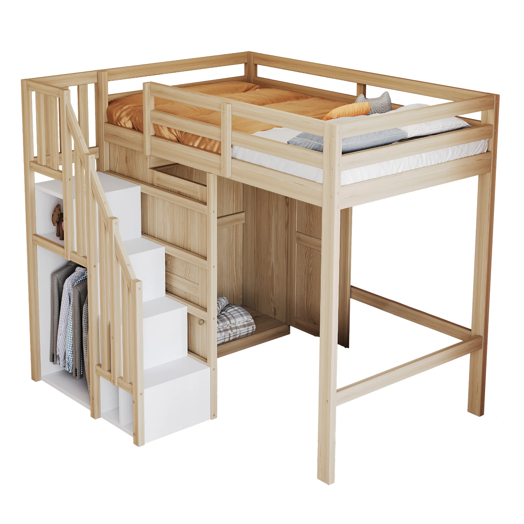 Loft Bed 90x200cm Storage Ladder Wardrobe Solid Wood - Natural Wood Color - Image 5
