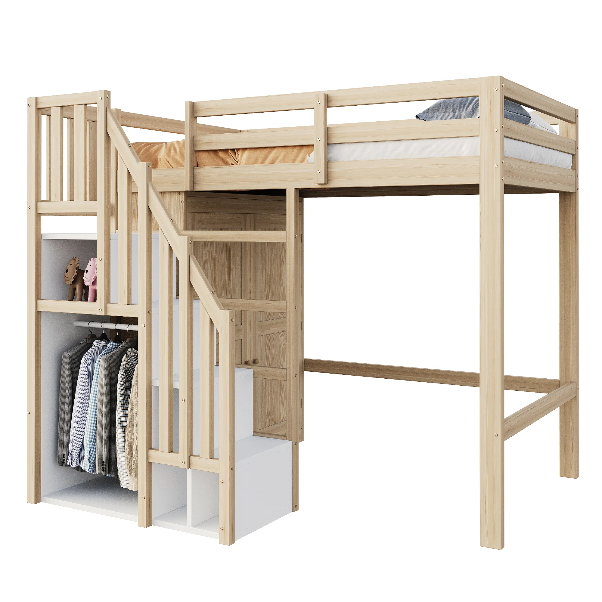 Loft Bed 90x200cm Storage Ladder Wardrobe Solid Wood - Natural Wood Color - Image 6