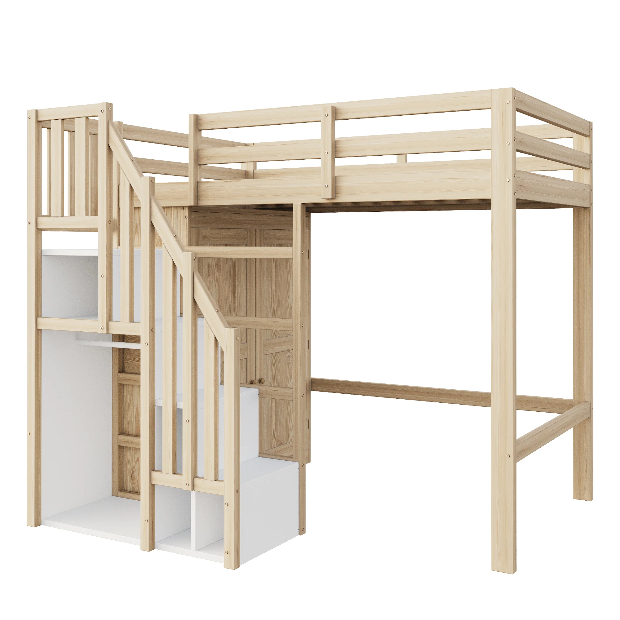 Loft Bed 90x200cm Storage Ladder Wardrobe Solid Wood - Natural Wood Color - Image 7