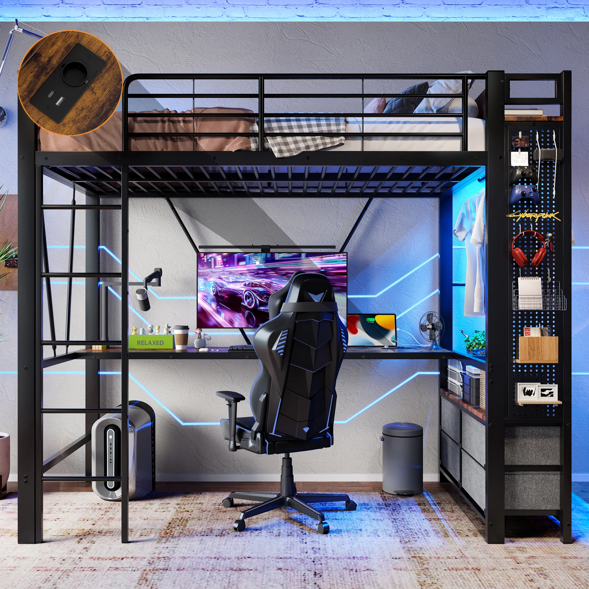 Loft Bed 90x200cm with Desk, Drying Rack, Storage, USB/Type-C & LED - Black Iron Frame - Image 2