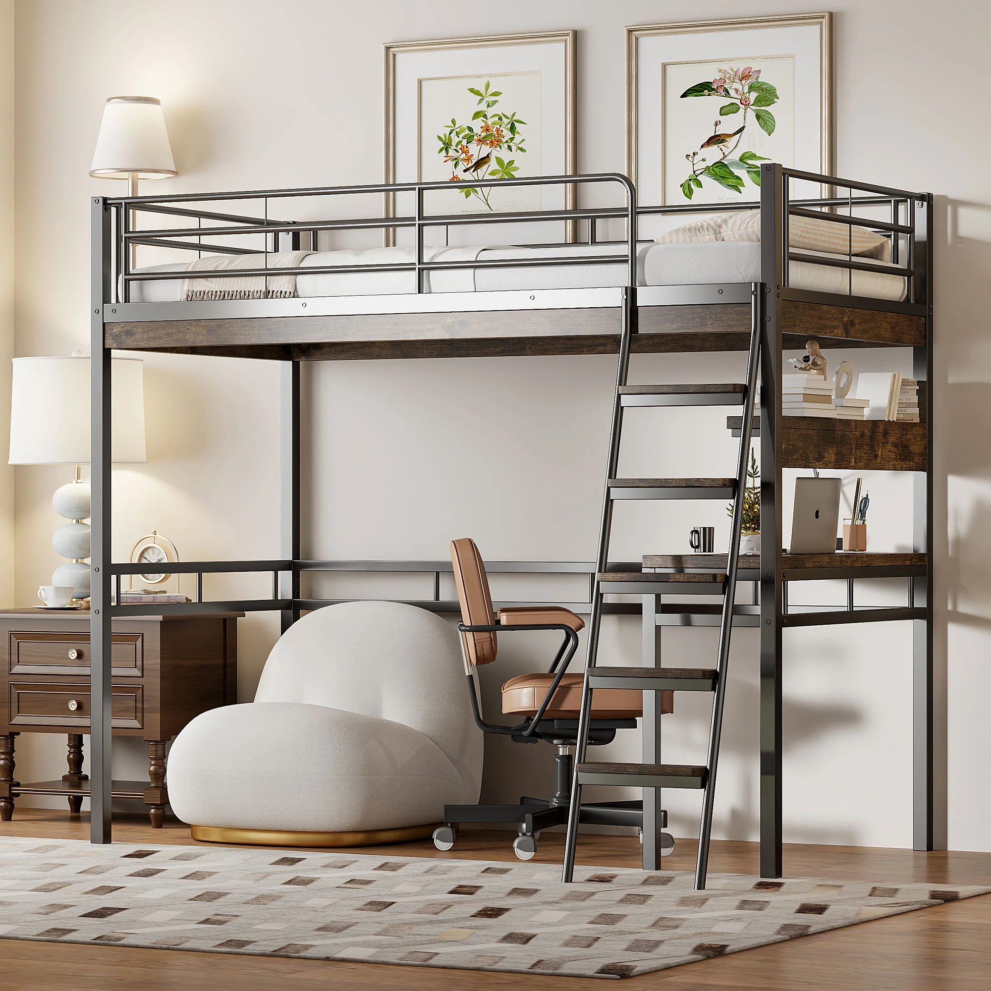 Loft Bed 90x200cm with Desk Shelves Ladder - Black Iron
