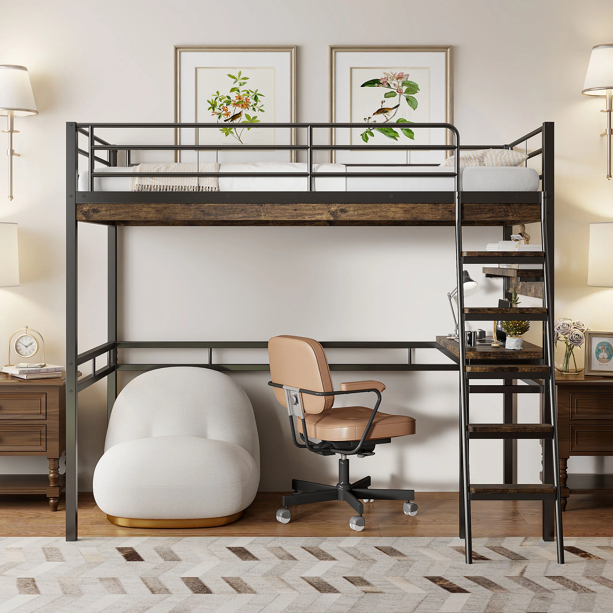 Loft Bed 90x200cm with Desk Shelves Ladder - Black Iron - Image 6