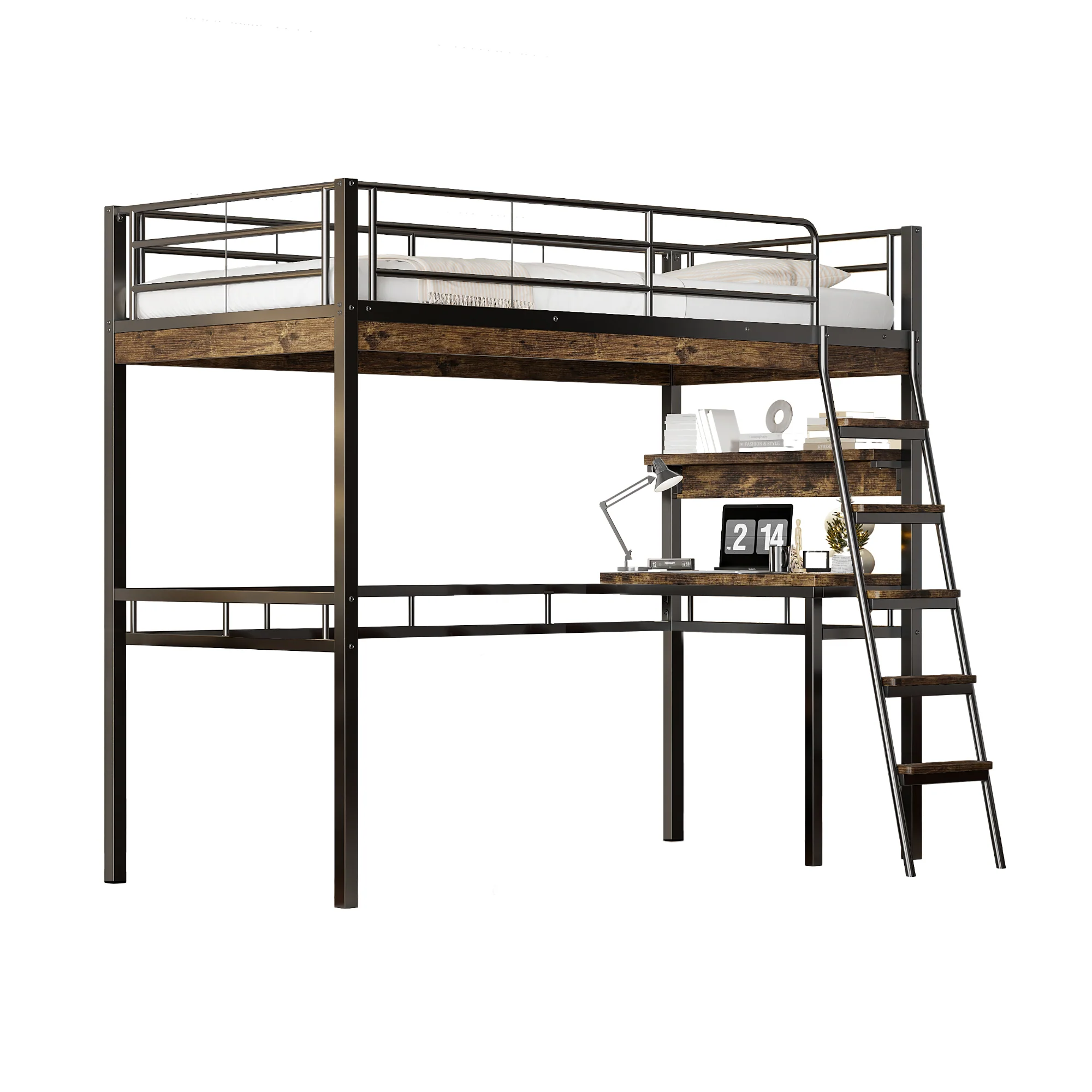 Loft Bed 90x200cm with Desk Shelves Ladder - Black Iron - Image 7