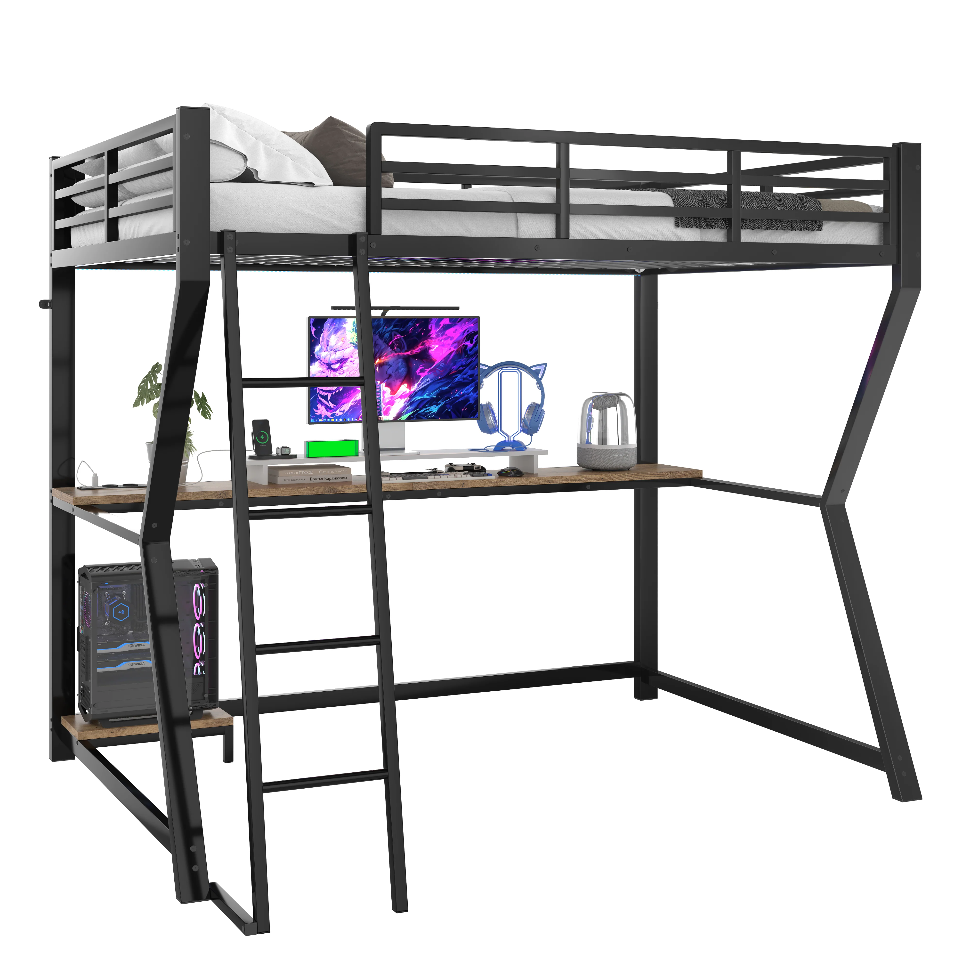 Loft Bed 90x200cm with Desk Storage Stairs LED Lights & USB Port Black - Image 10