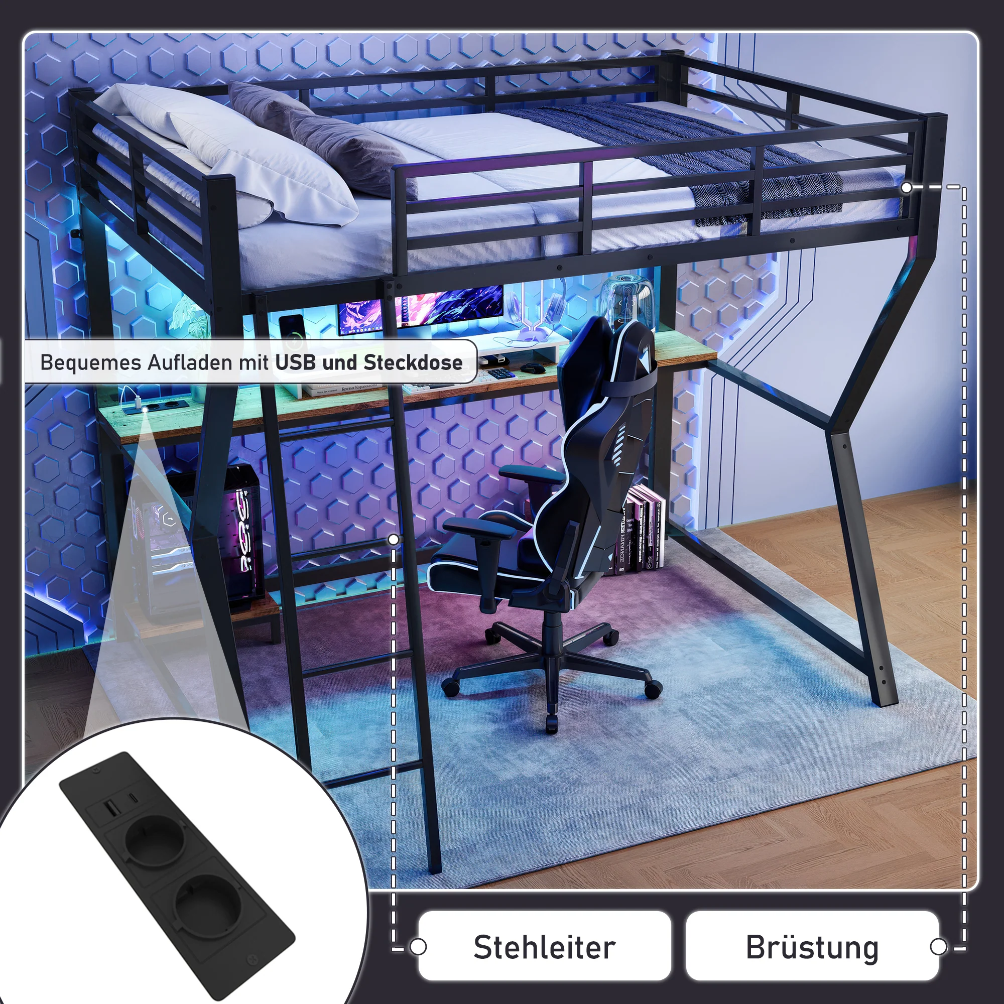 Loft Bed 90x200cm with Desk Storage Stairs LED Lights & USB Port Black - Image 2