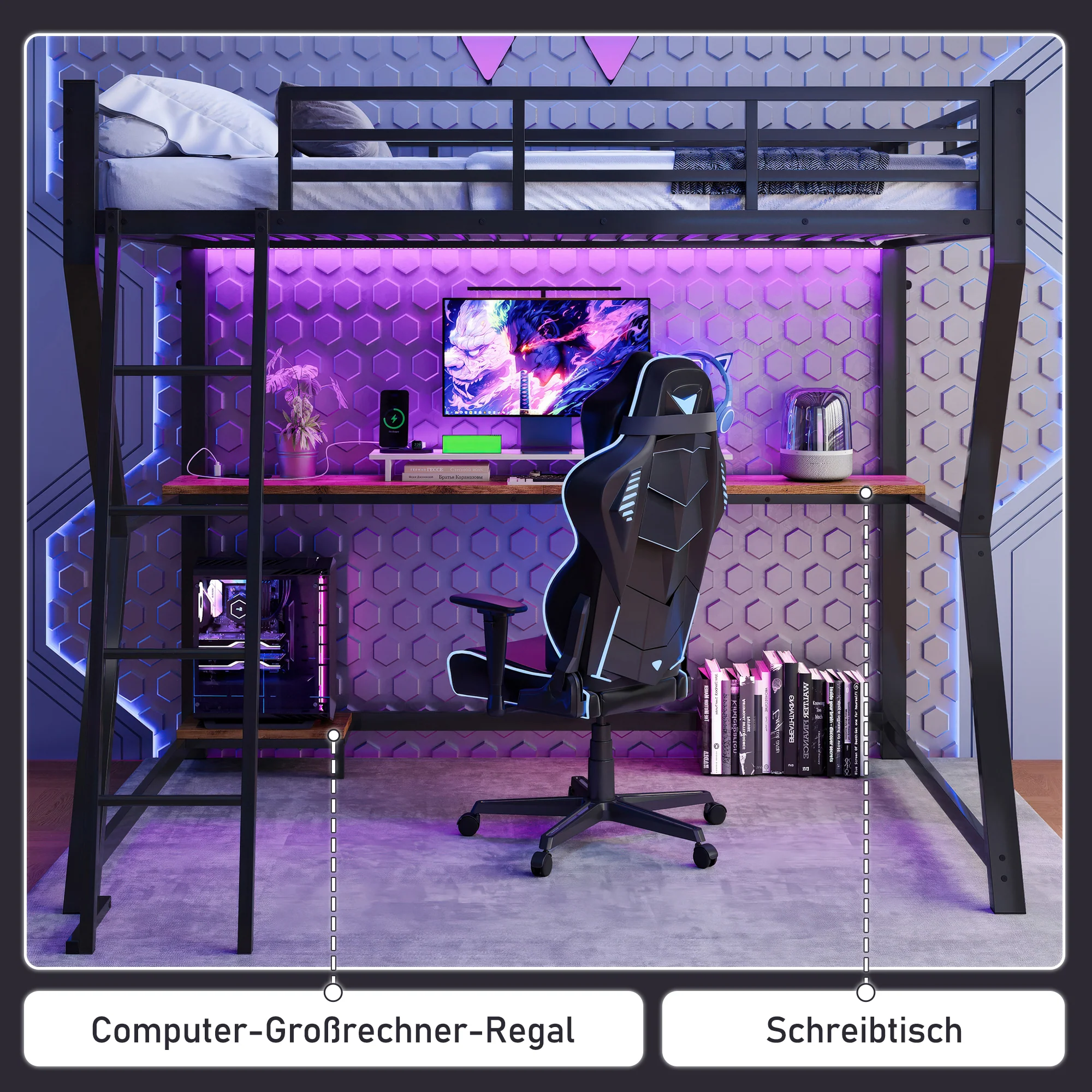 Loft Bed 90x200cm with Desk Storage Stairs LED Lights & USB Port Black - Image 3