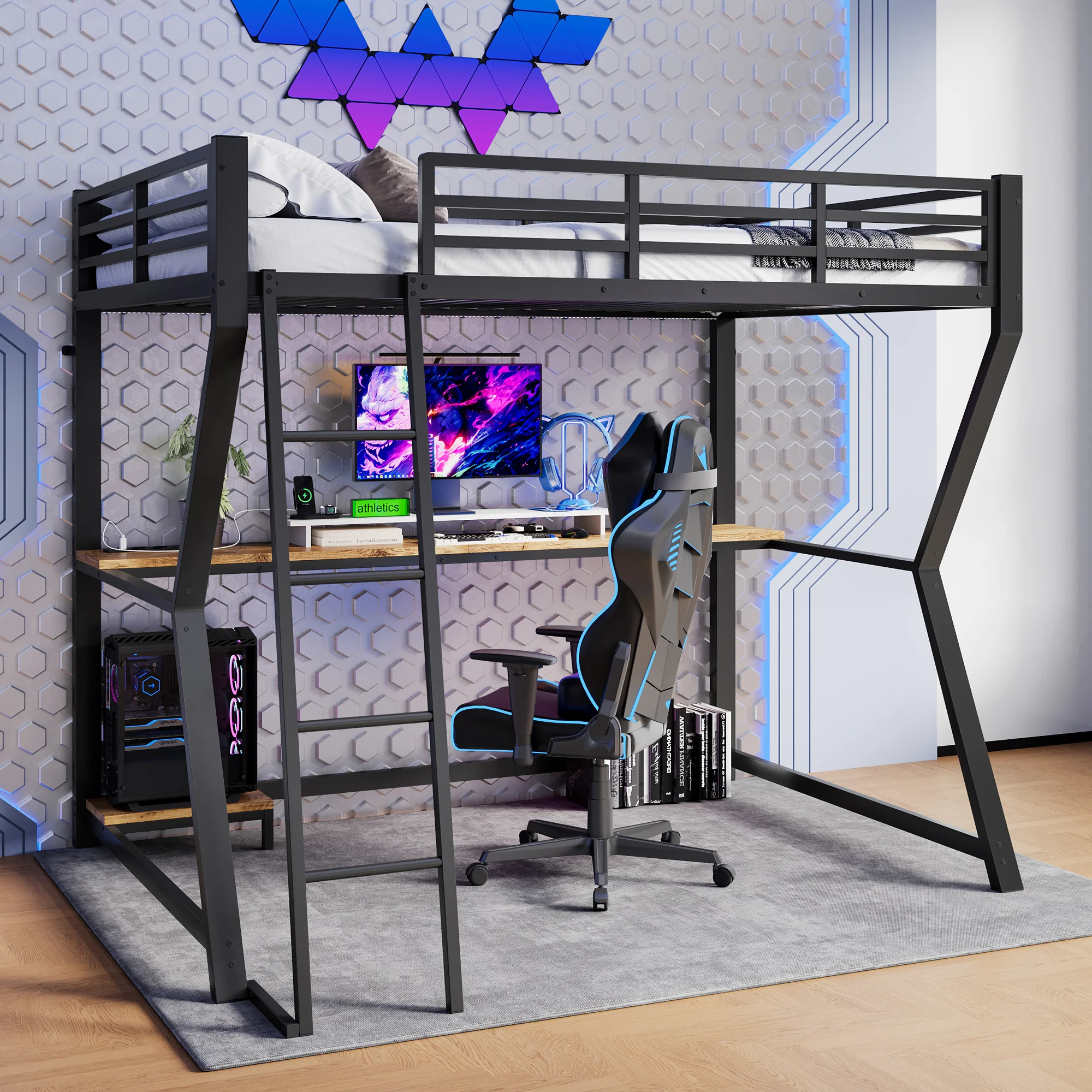 Loft Bed 90x200cm with Desk Storage Stairs LED Lights & USB Port Black - Image 4