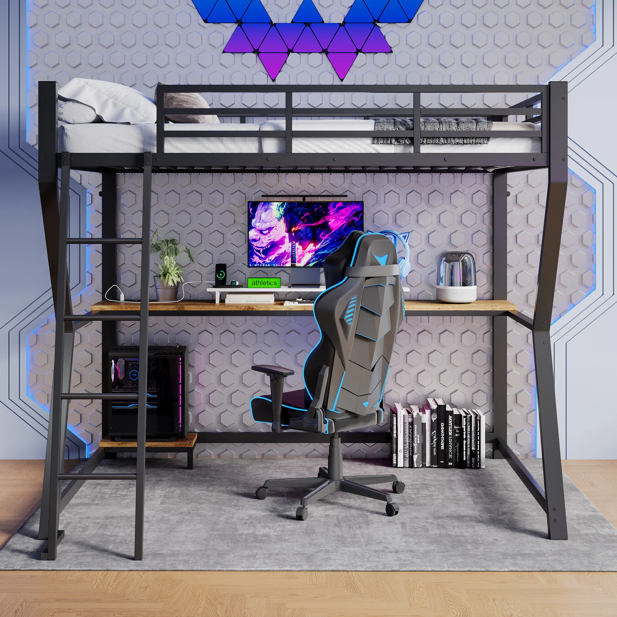 Loft Bed 90x200cm with Desk Storage Stairs LED Lights & USB Port Black - Image 5