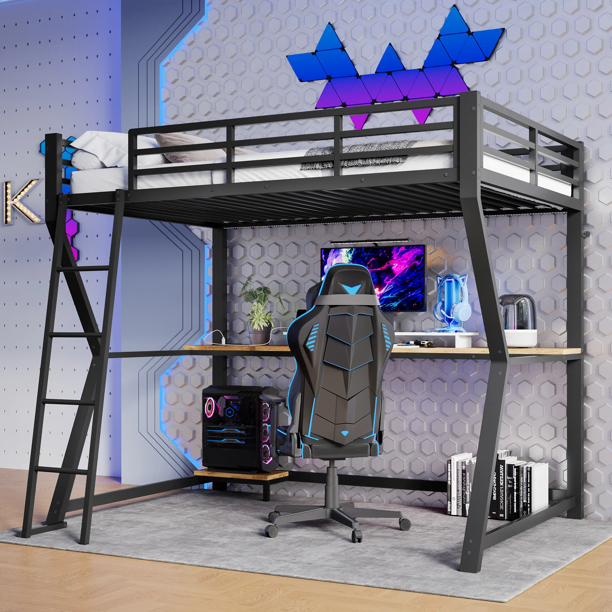 Loft Bed 90x200cm with Desk Storage Stairs LED Lights & USB Port Black - Image 6