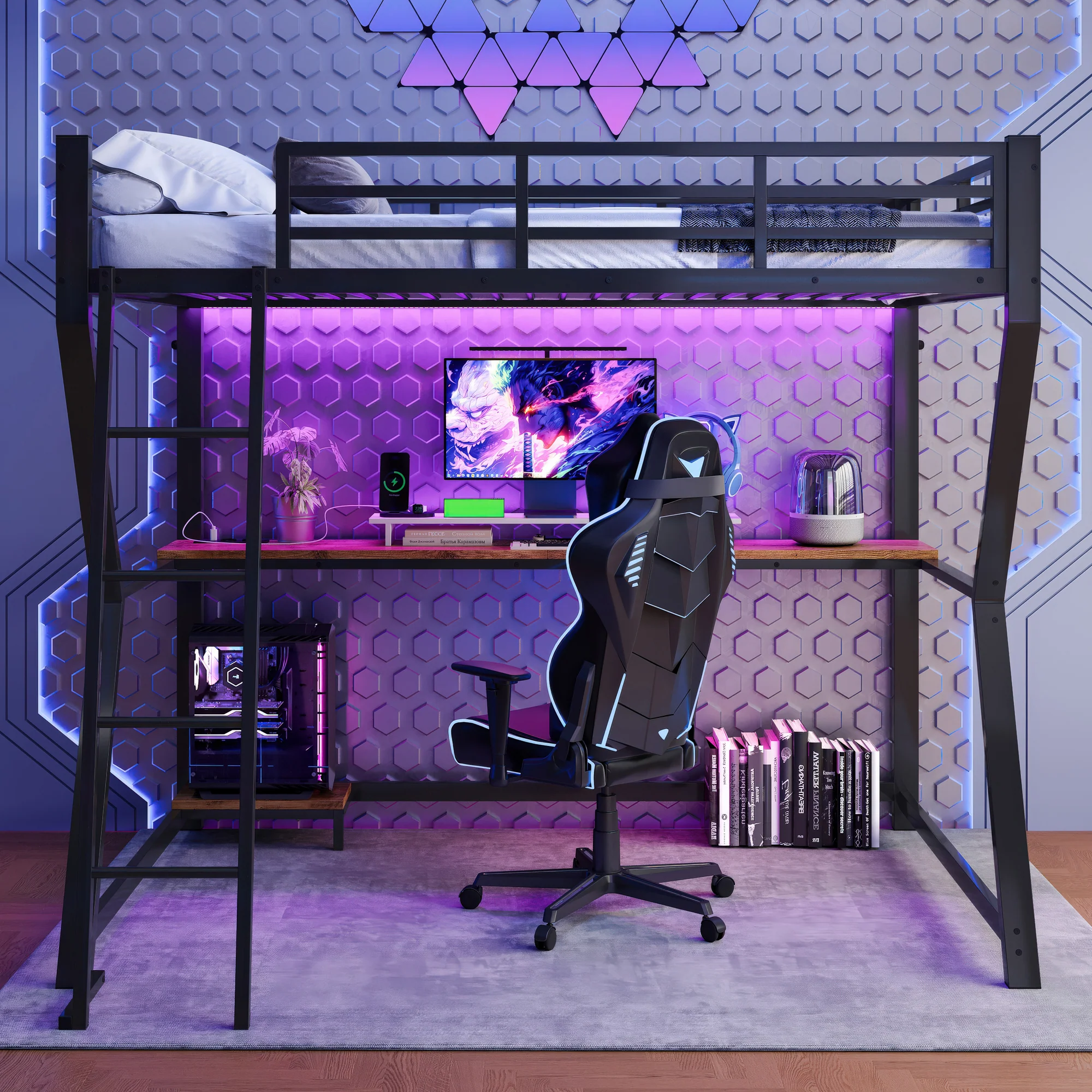 Loft Bed 90x200cm with Desk Storage Stairs LED Lights & USB Port Black - Image 7