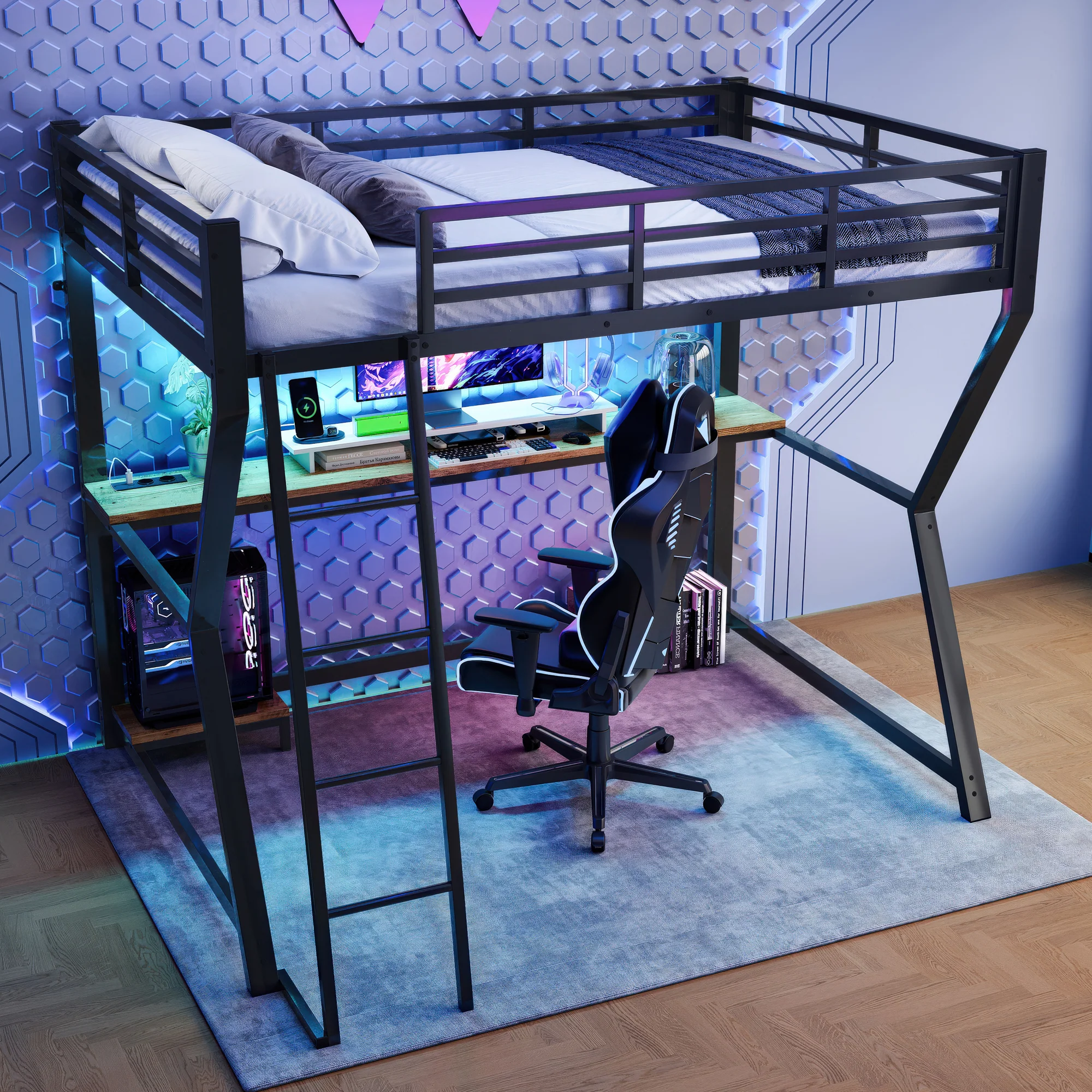 Loft Bed 90x200cm with Desk Storage Stairs LED Lights & USB Port Black - Image 9
