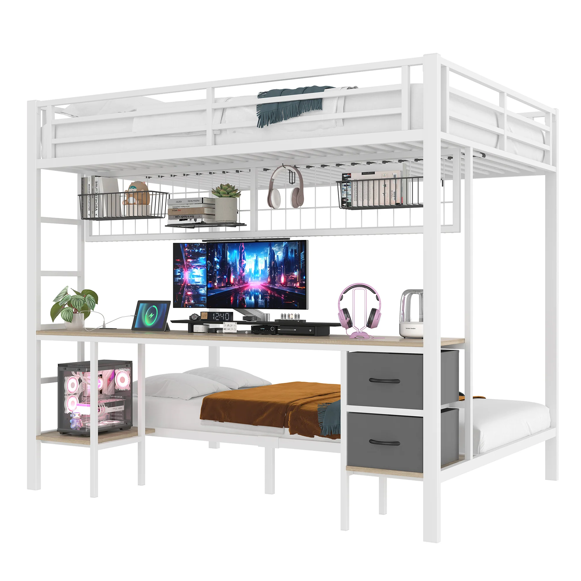 Loft Bed Desk Storage Drawers LED USB - White Iron Frame - Image 10