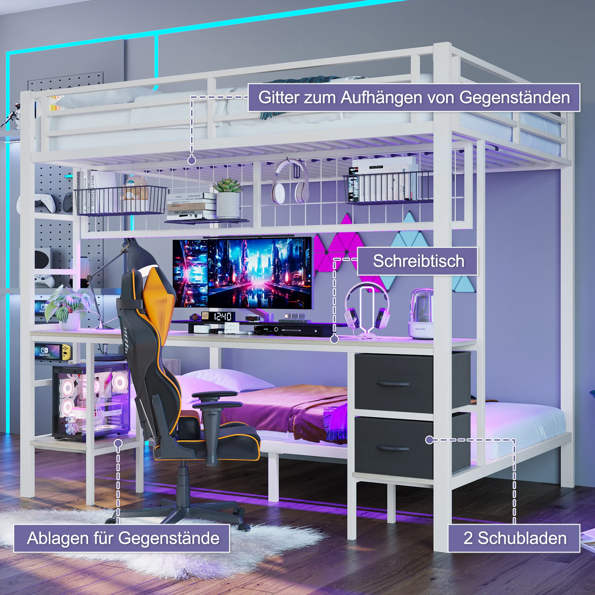 Loft Bed Desk Storage Drawers LED USB - White Iron Frame - Image 2