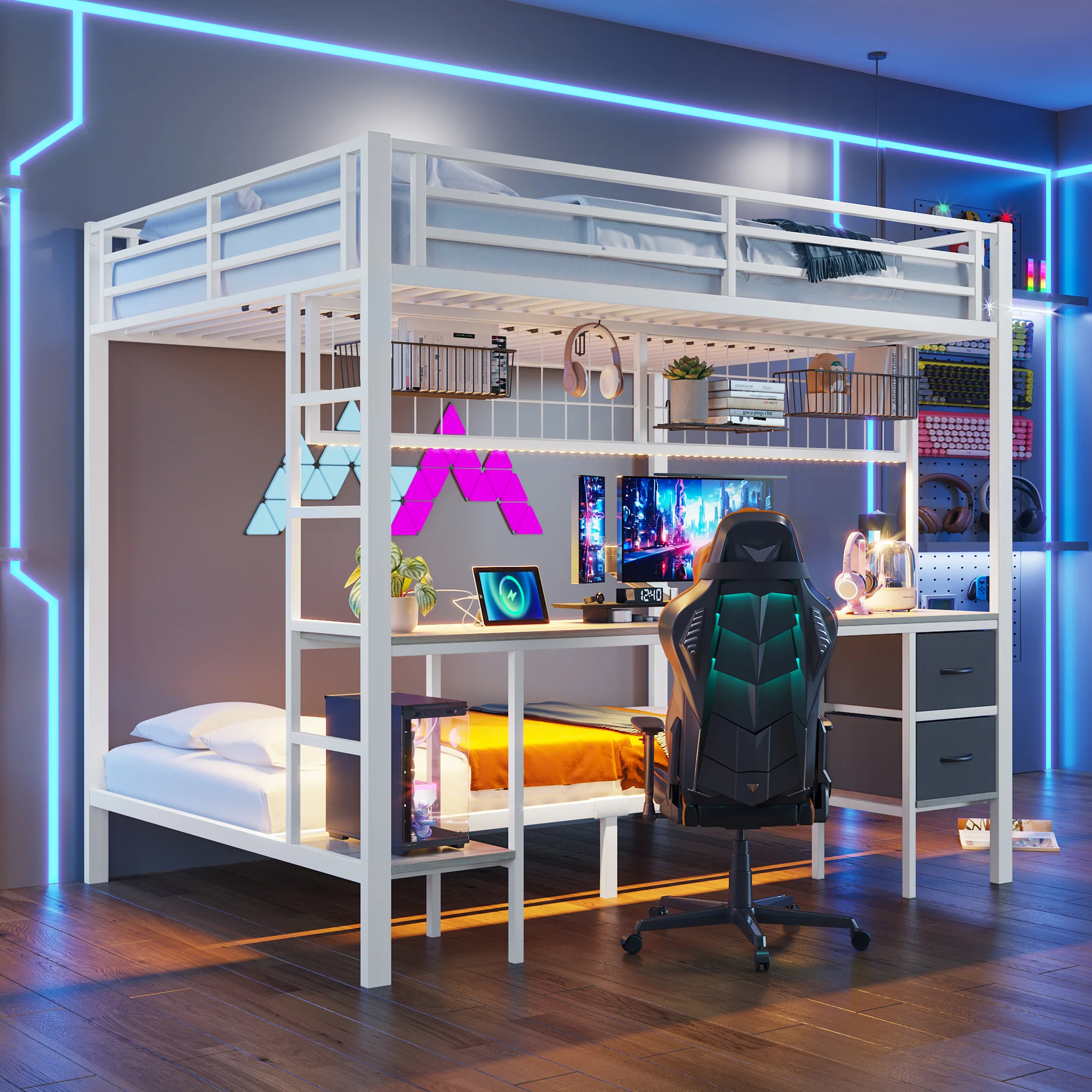 Loft Bed Desk Storage Drawers LED USB - White Iron Frame - Image 3