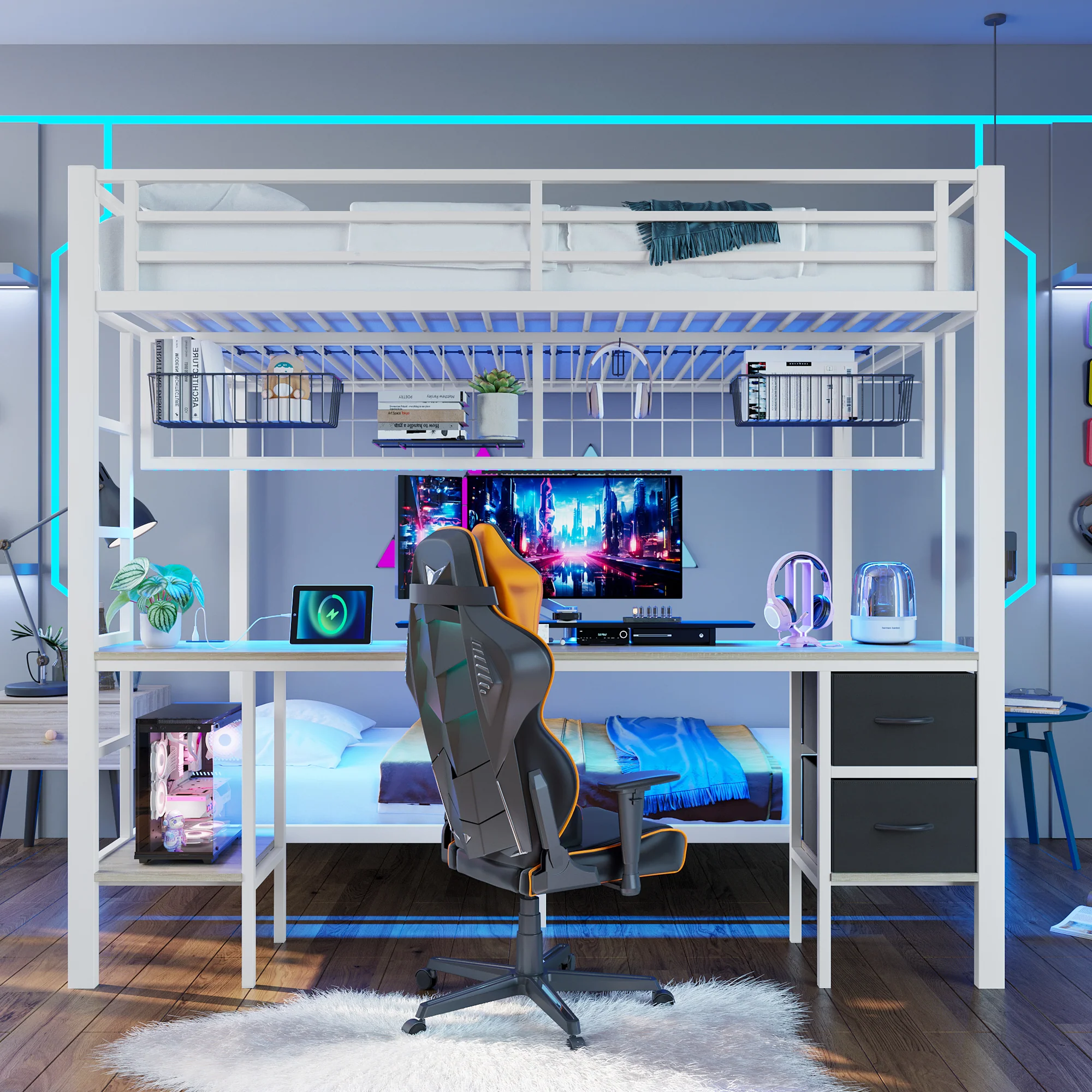 Loft Bed Desk Storage Drawers LED USB - White Iron Frame - Image 4