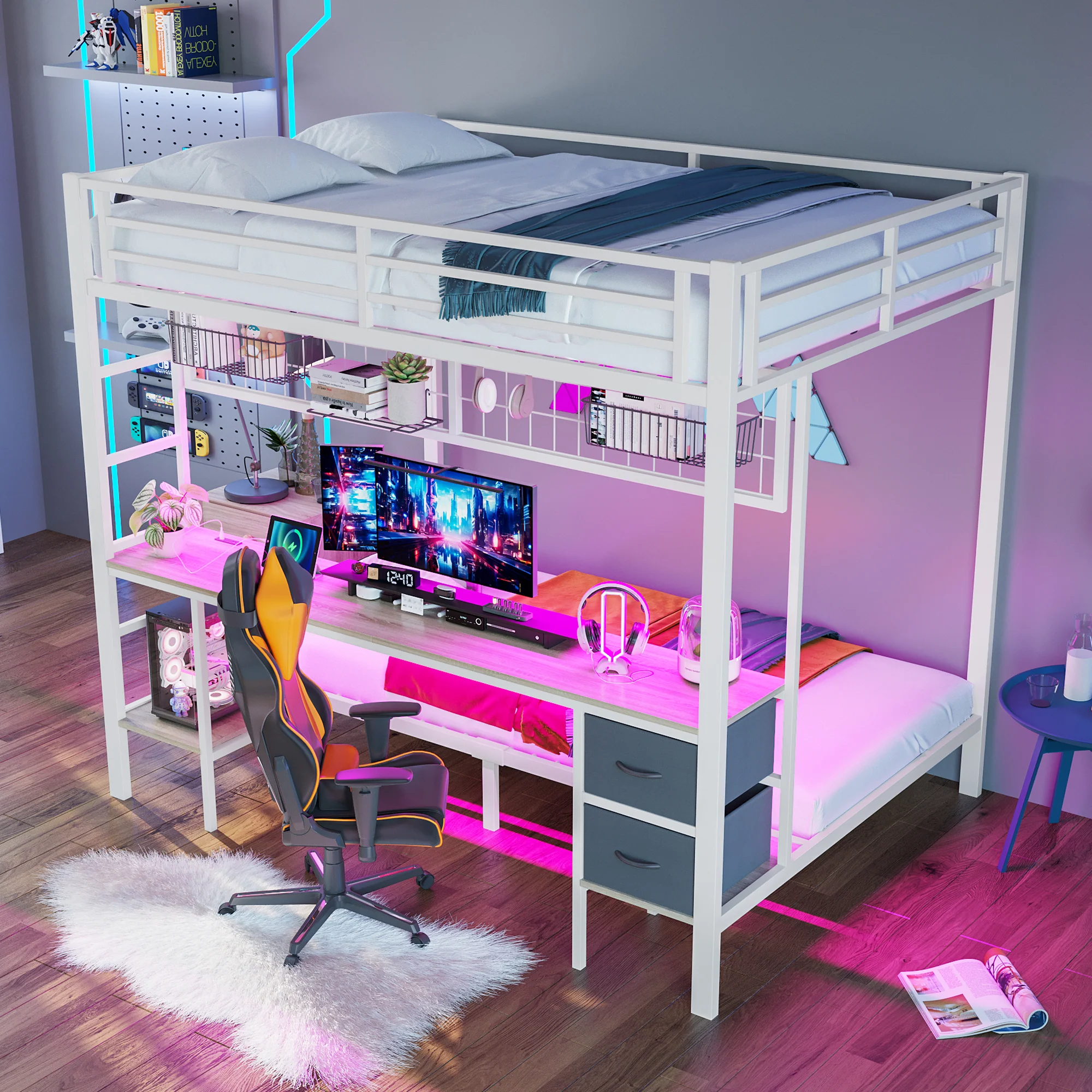 Loft Bed Desk Storage Drawers LED USB - White Iron Frame - Image 5