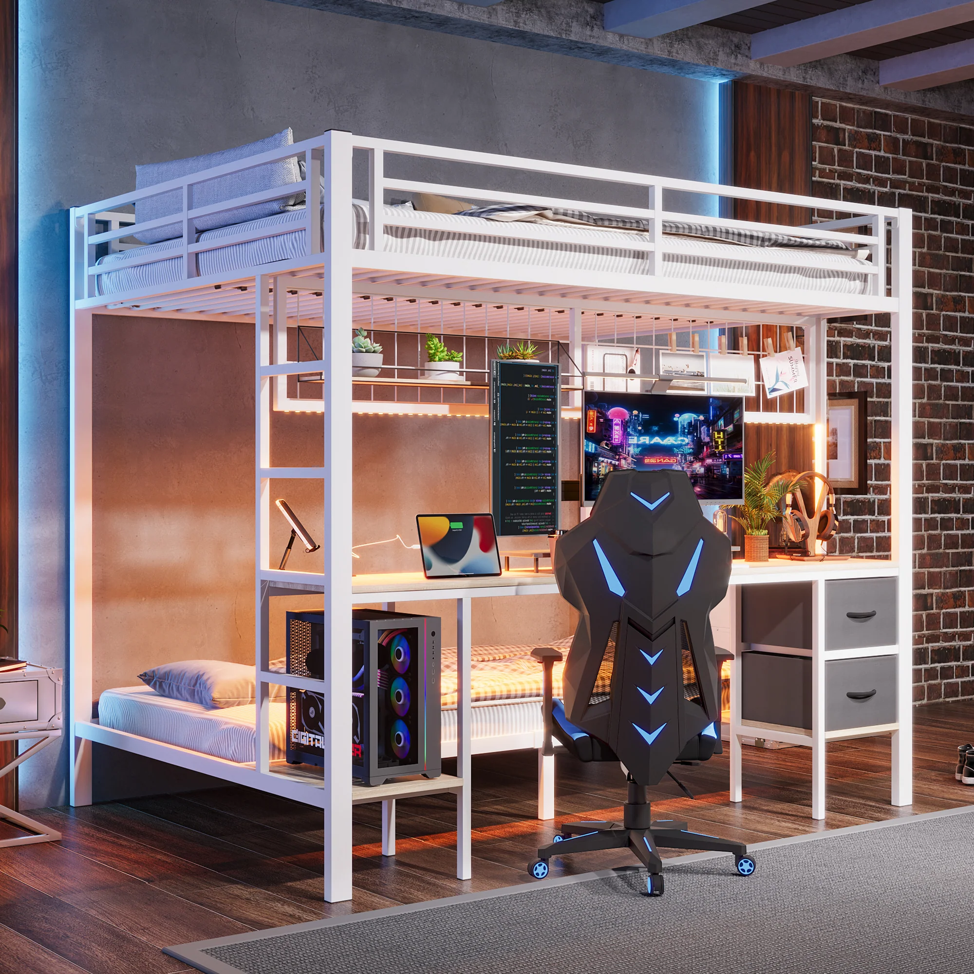 Loft Bed Desk Storage Drawers LED USB - White Iron Frame - Image 6