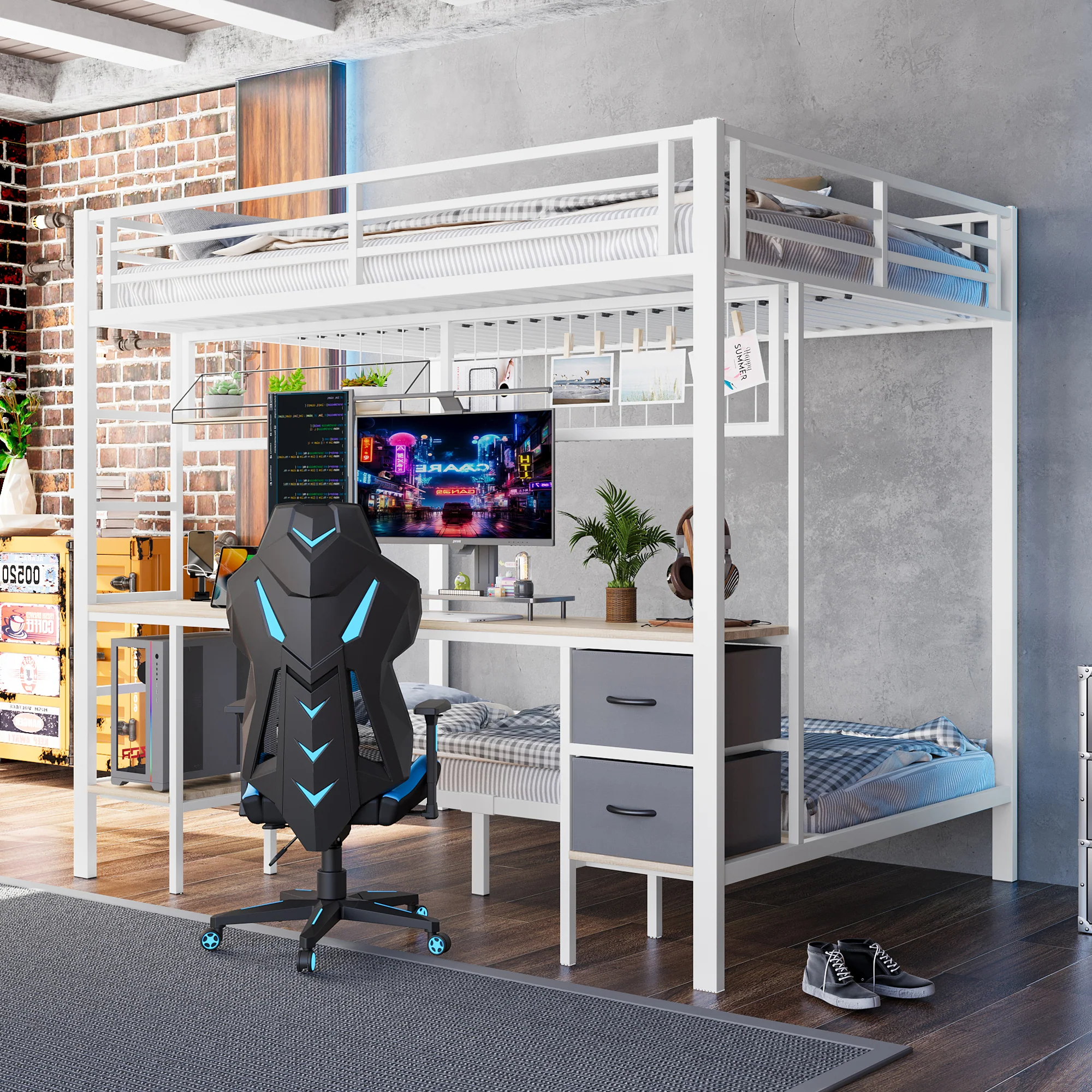 Loft Bed Desk Storage Drawers LED USB - White Iron Frame - Image 8