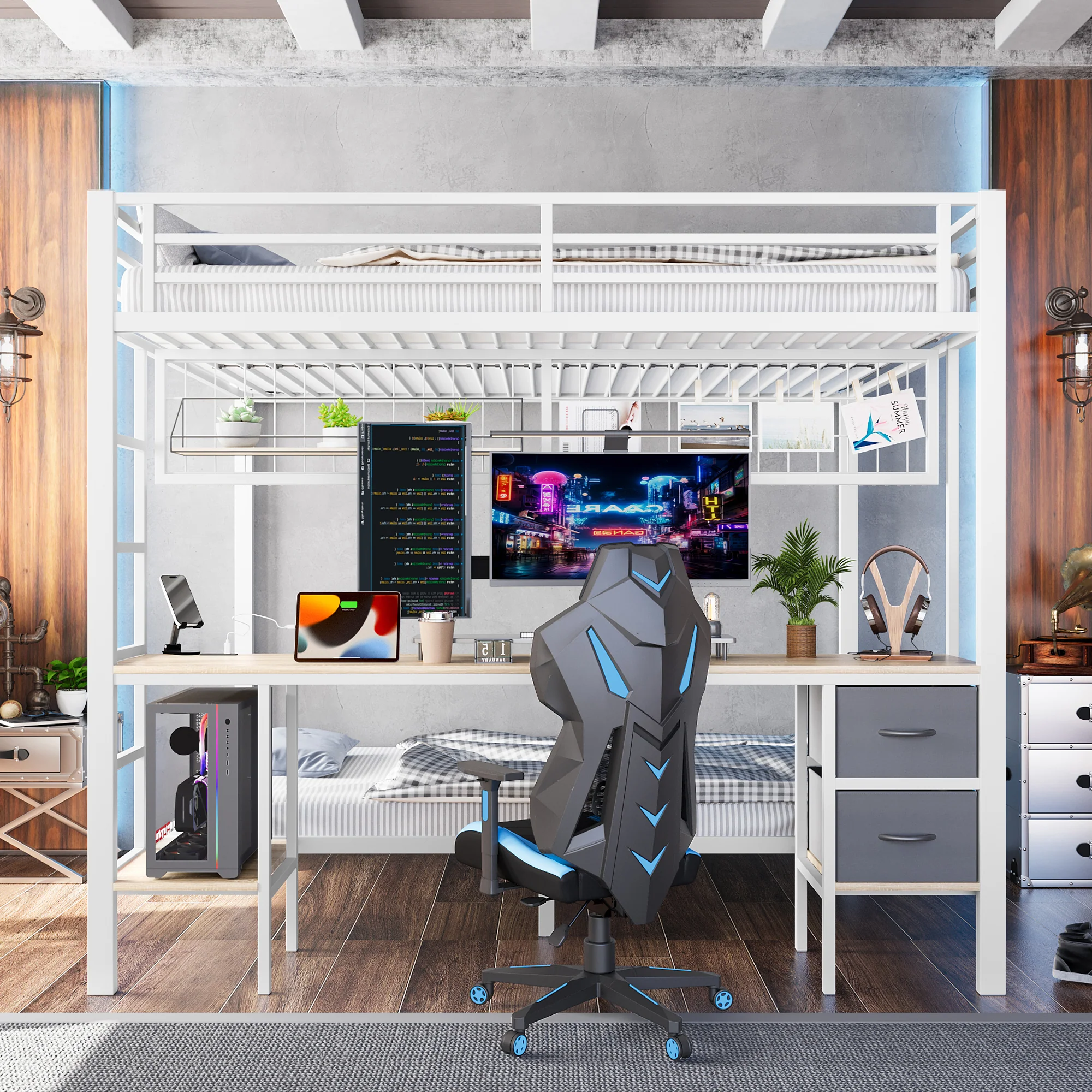 Loft Bed Desk Storage Drawers LED USB - White Iron Frame - Image 9