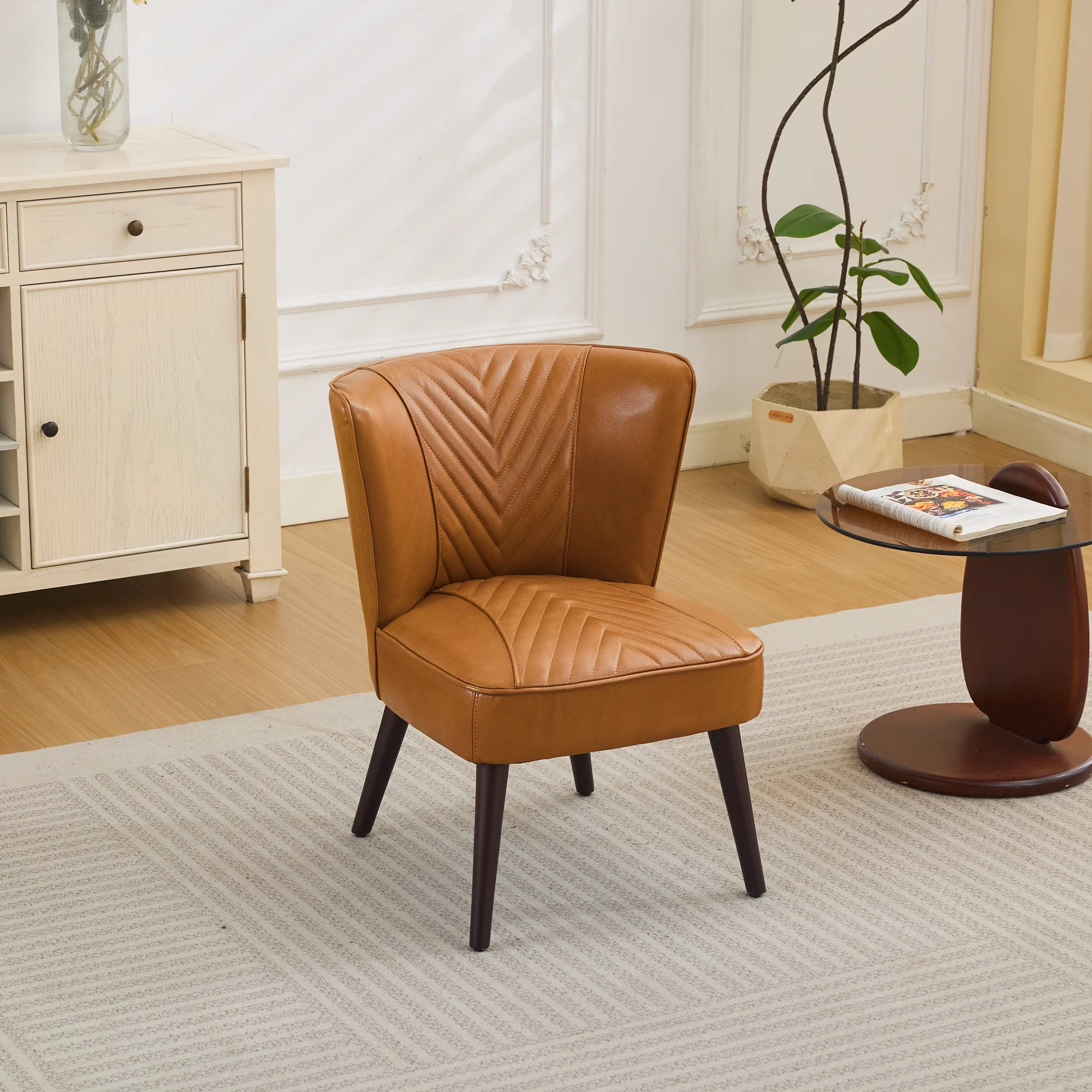 Lounge Chair Armless Genuine Leather Solid Rubberwood Base - Light Brown