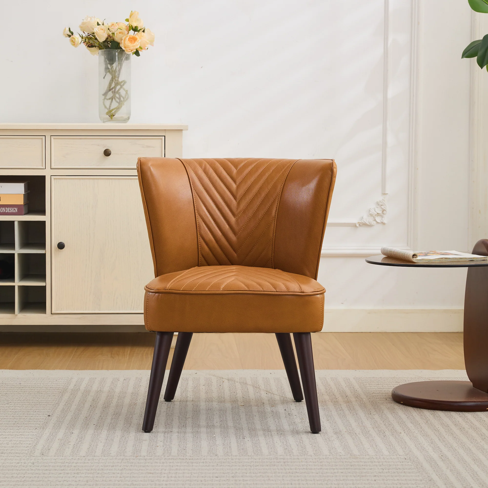 Lounge Chair Armless Genuine Leather Solid Rubberwood Base - Light Brown - Image 8