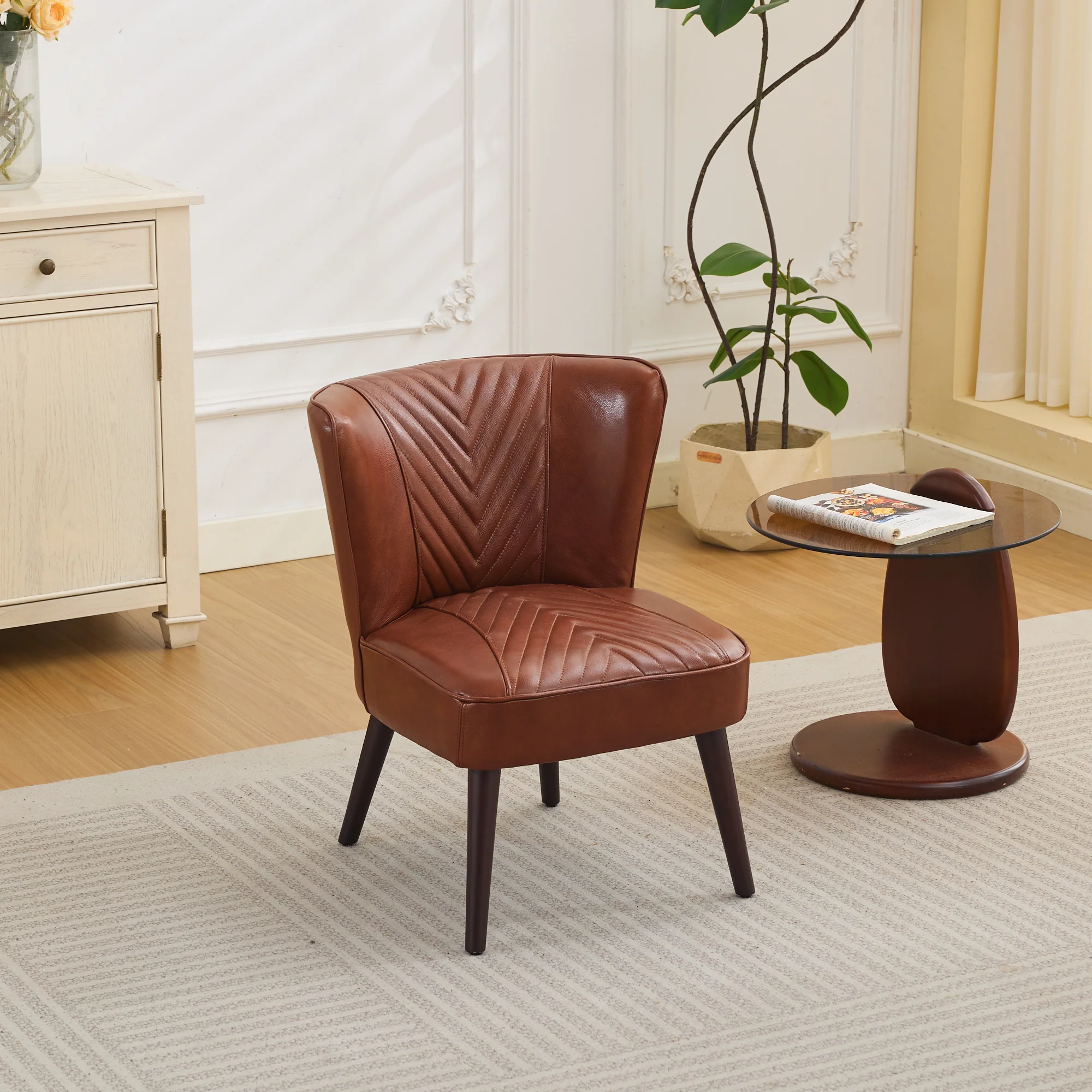 Lounge Chair Armless Modern Solid Rubberwood Base - Brown Genuine Leather