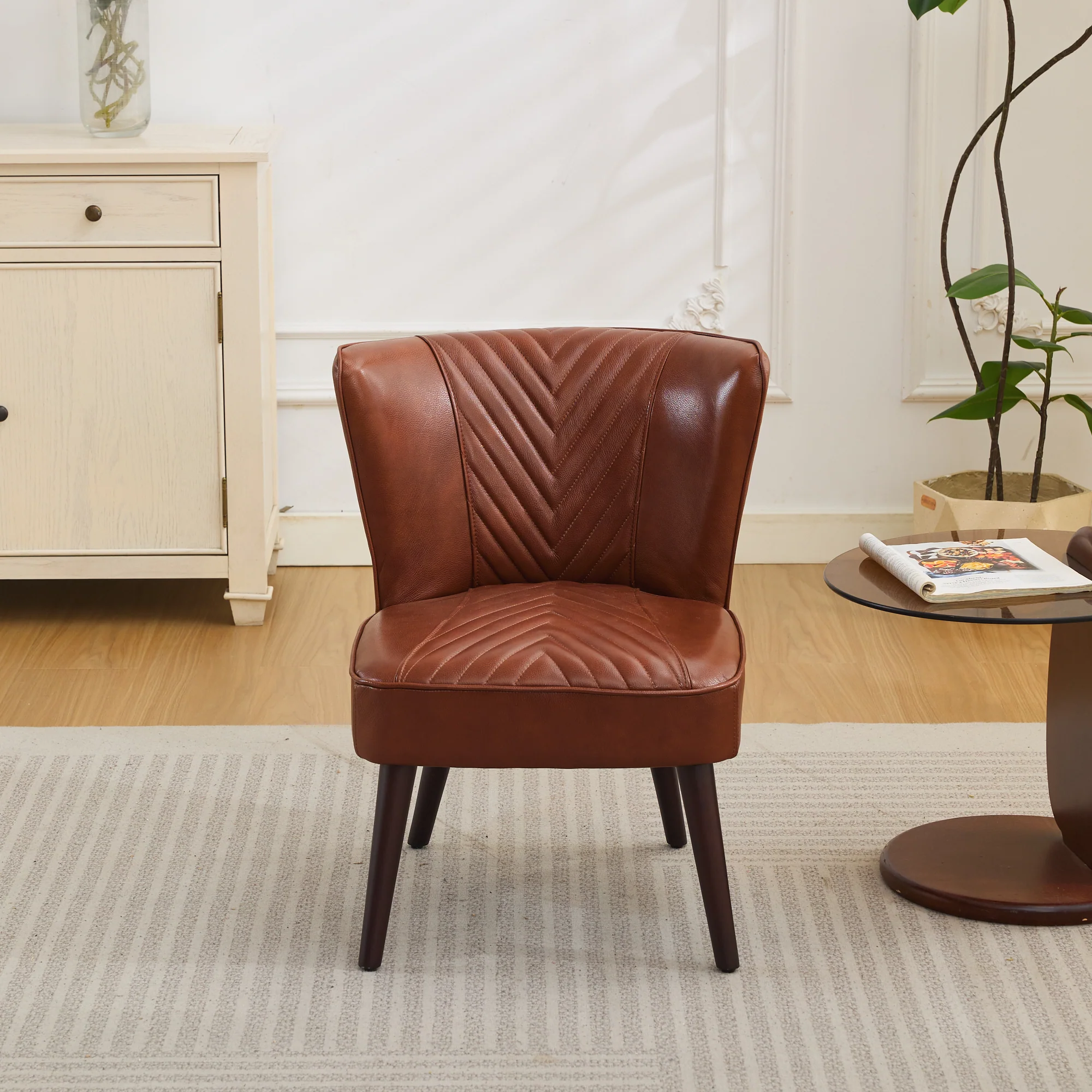 Lounge Chair Armless Modern Solid Rubberwood Base - Brown Genuine Leather - Image 9