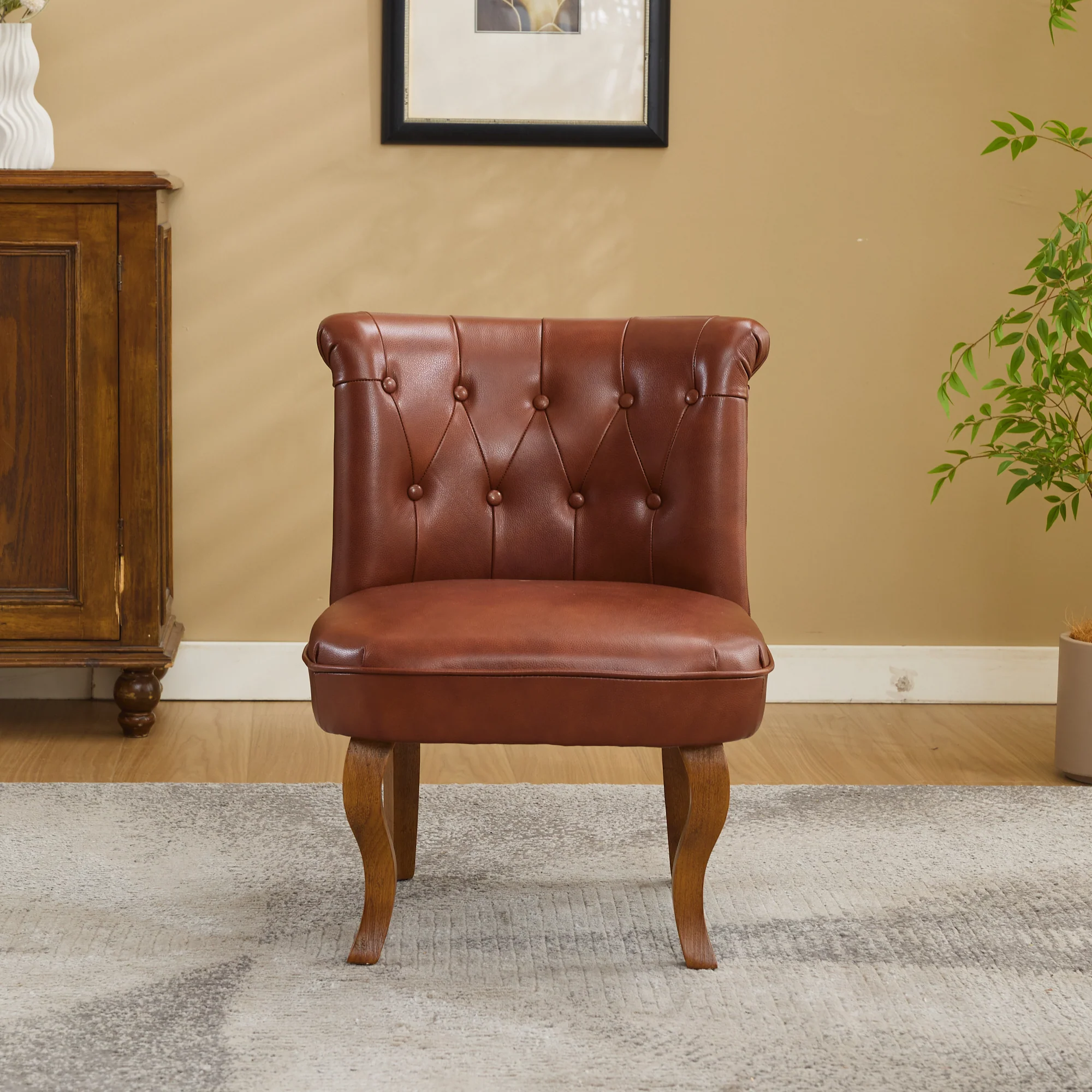 Lounge Chair Comfortable Armchair Solid Rubberwood Legs Brown Genuine Leather - Image 10
