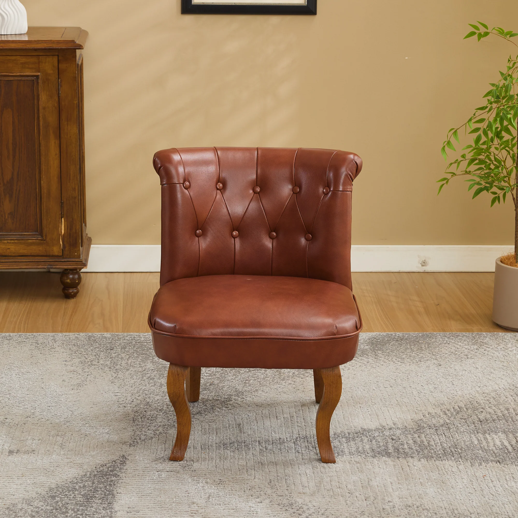 Lounge Chair Comfortable Armchair Solid Rubberwood Legs Brown Genuine Leather - Image 9