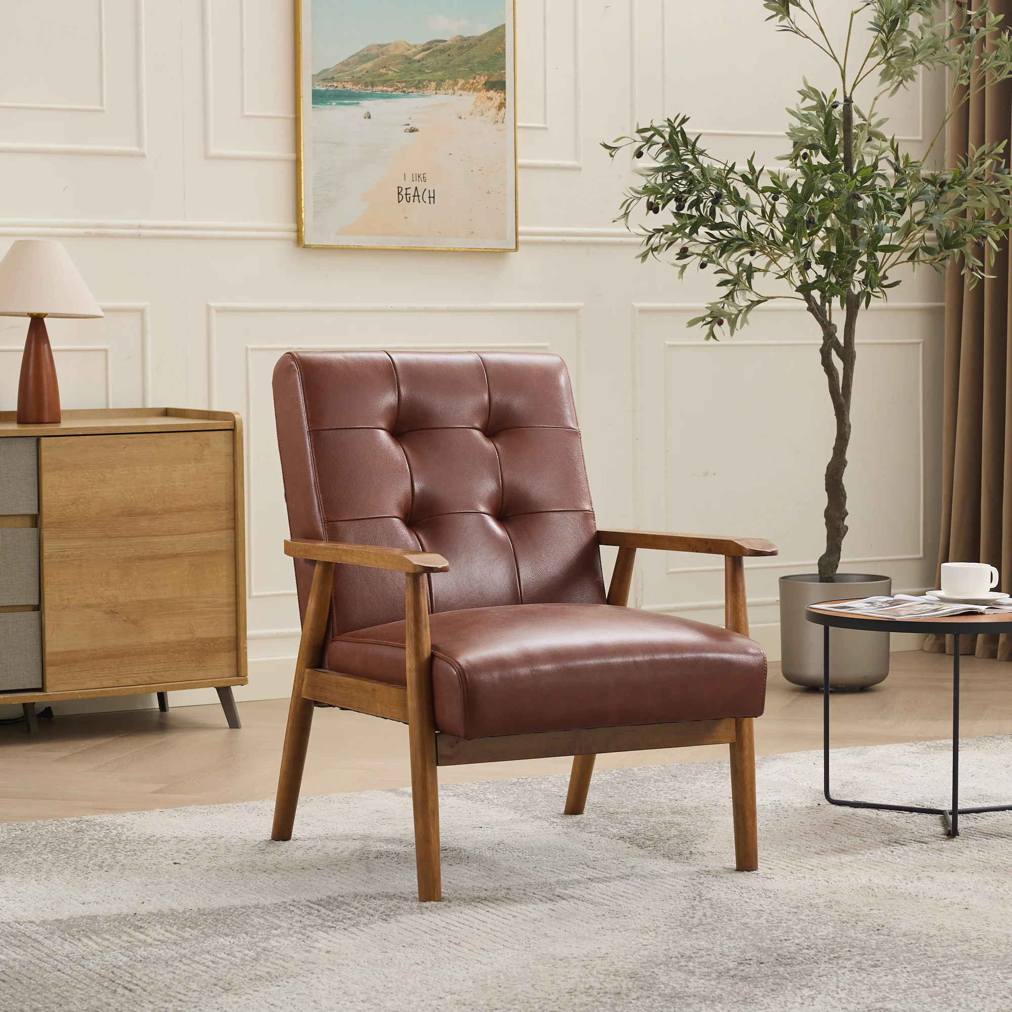 Lounge Chair Genuine Leather Walnut Armrests Rubberwood Legs - Brown