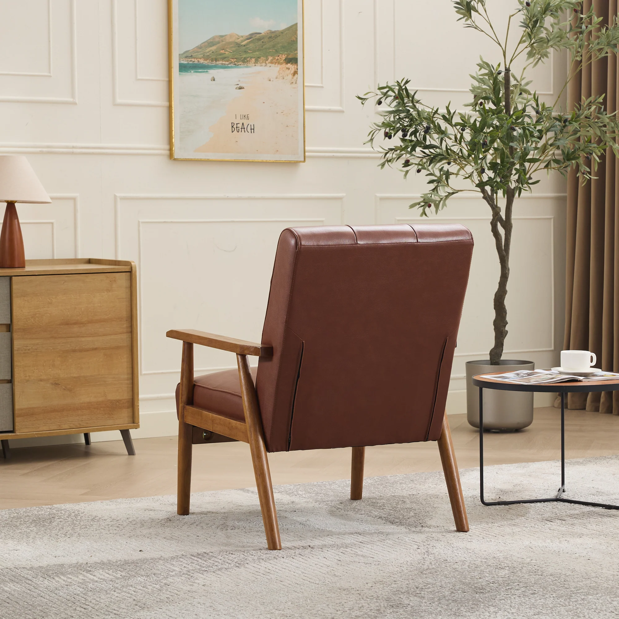 Lounge Chair Genuine Leather Walnut Armrests Rubberwood Legs - Brown - Image 9