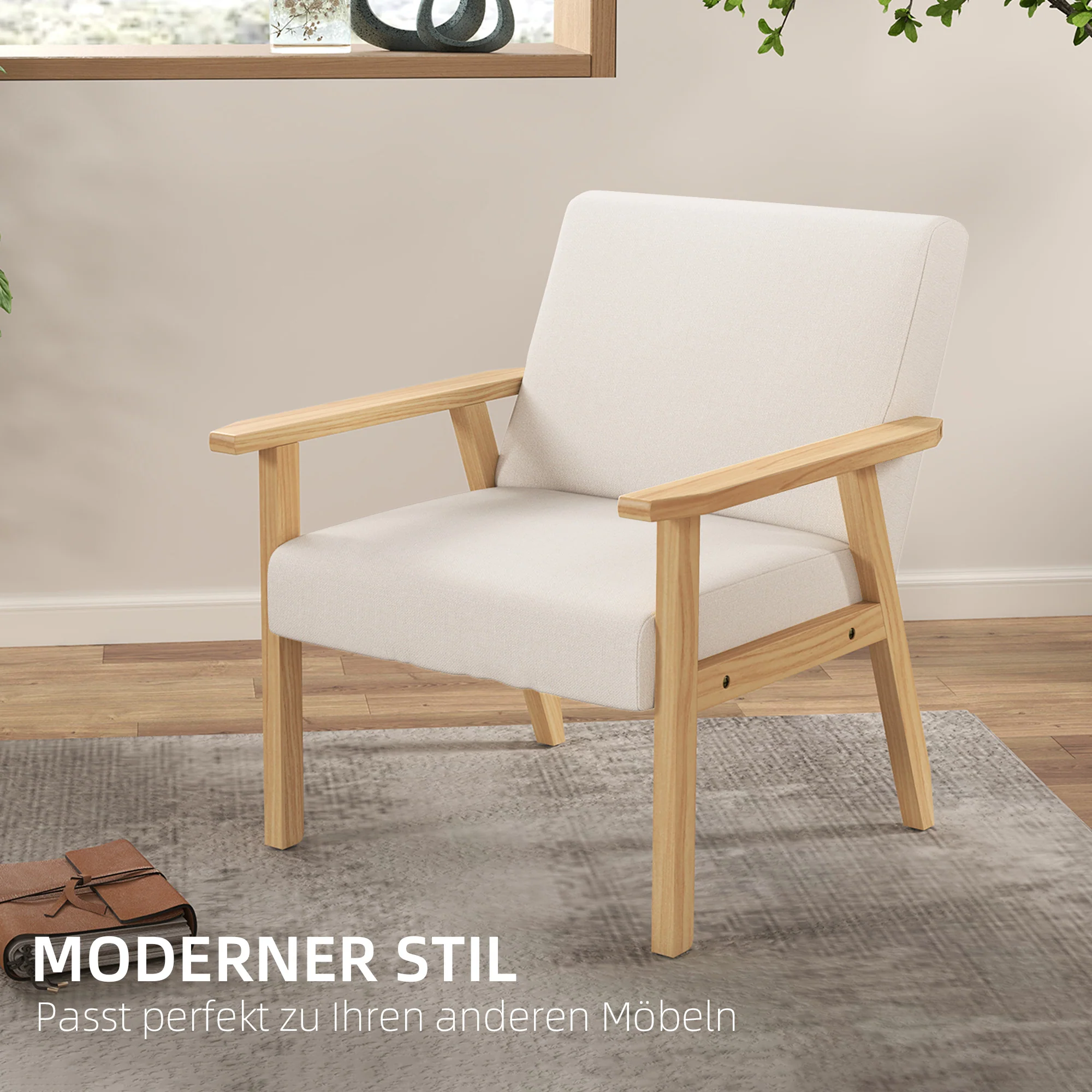 Lounge Chair with Armrests, Dining Relaxing Upholstered, Cream White - Image 4