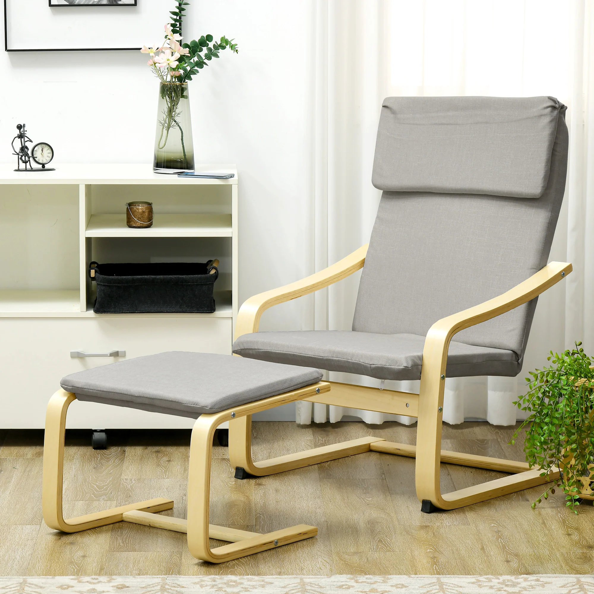 Lounge Chairs Set of 2 with Footstool, Armrest, Headrest, Light Grey Linen - Image 2