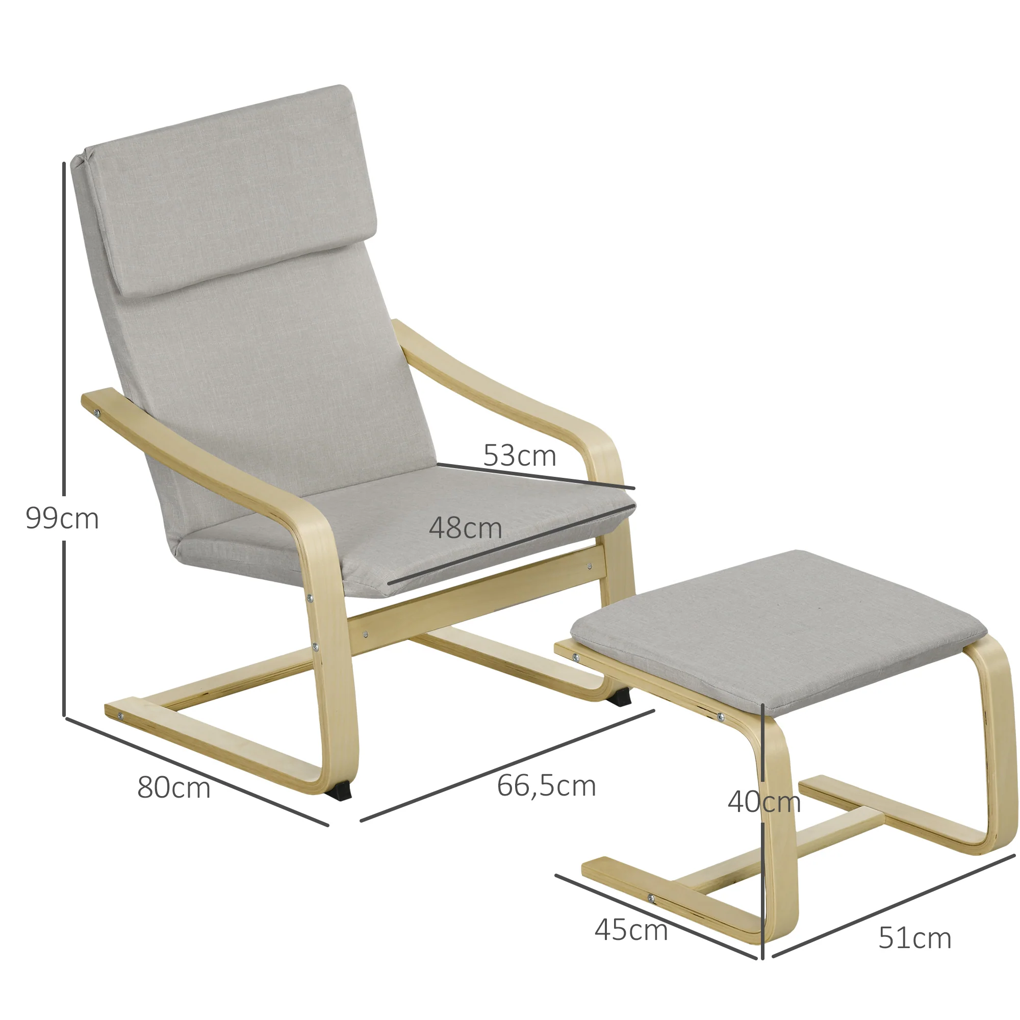 Lounge Chairs Set of 2 with Footstool, Armrest, Headrest, Light Grey Linen - Image 3
