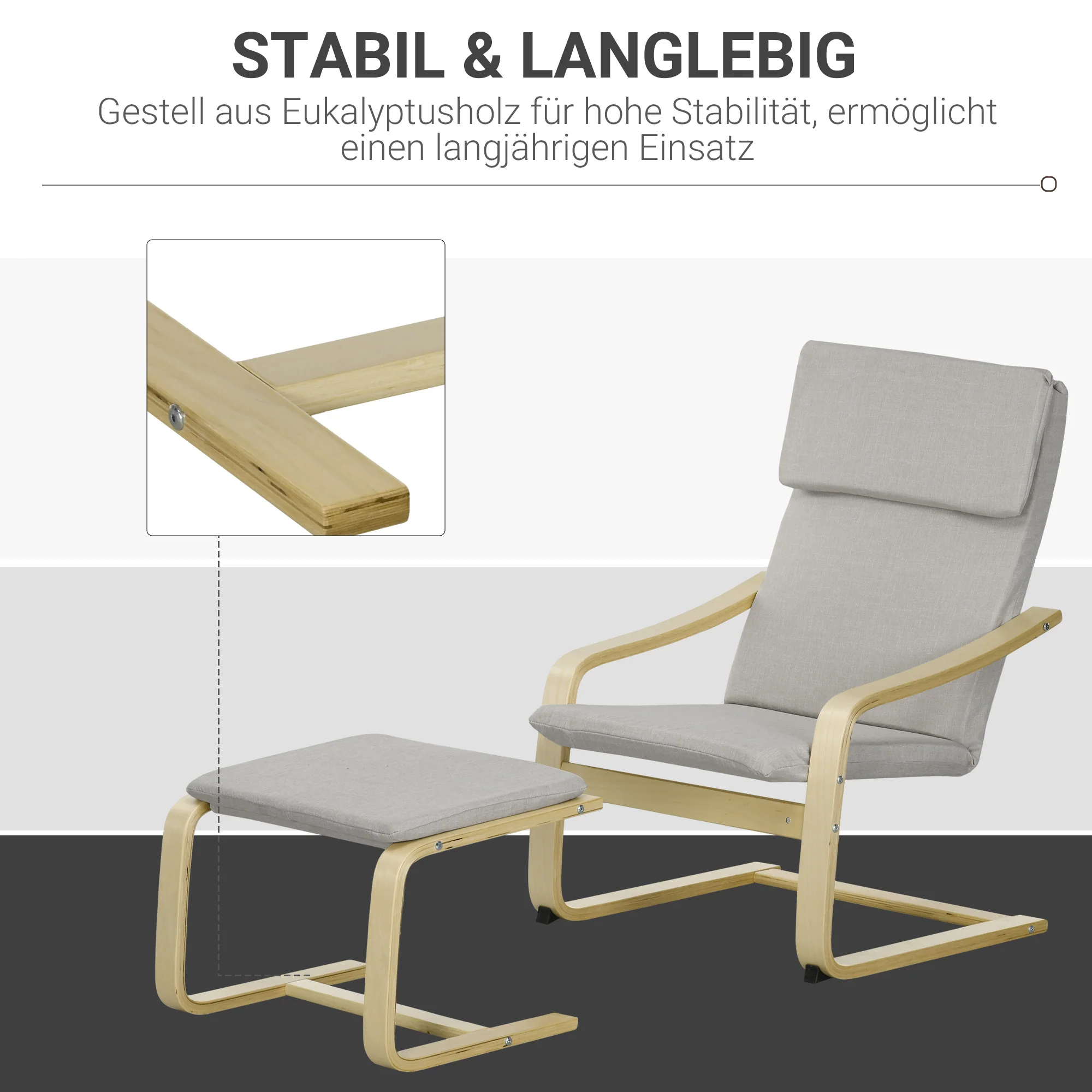 Lounge Chairs Set of 2 with Footstool, Armrest, Headrest, Light Grey Linen - Image 5