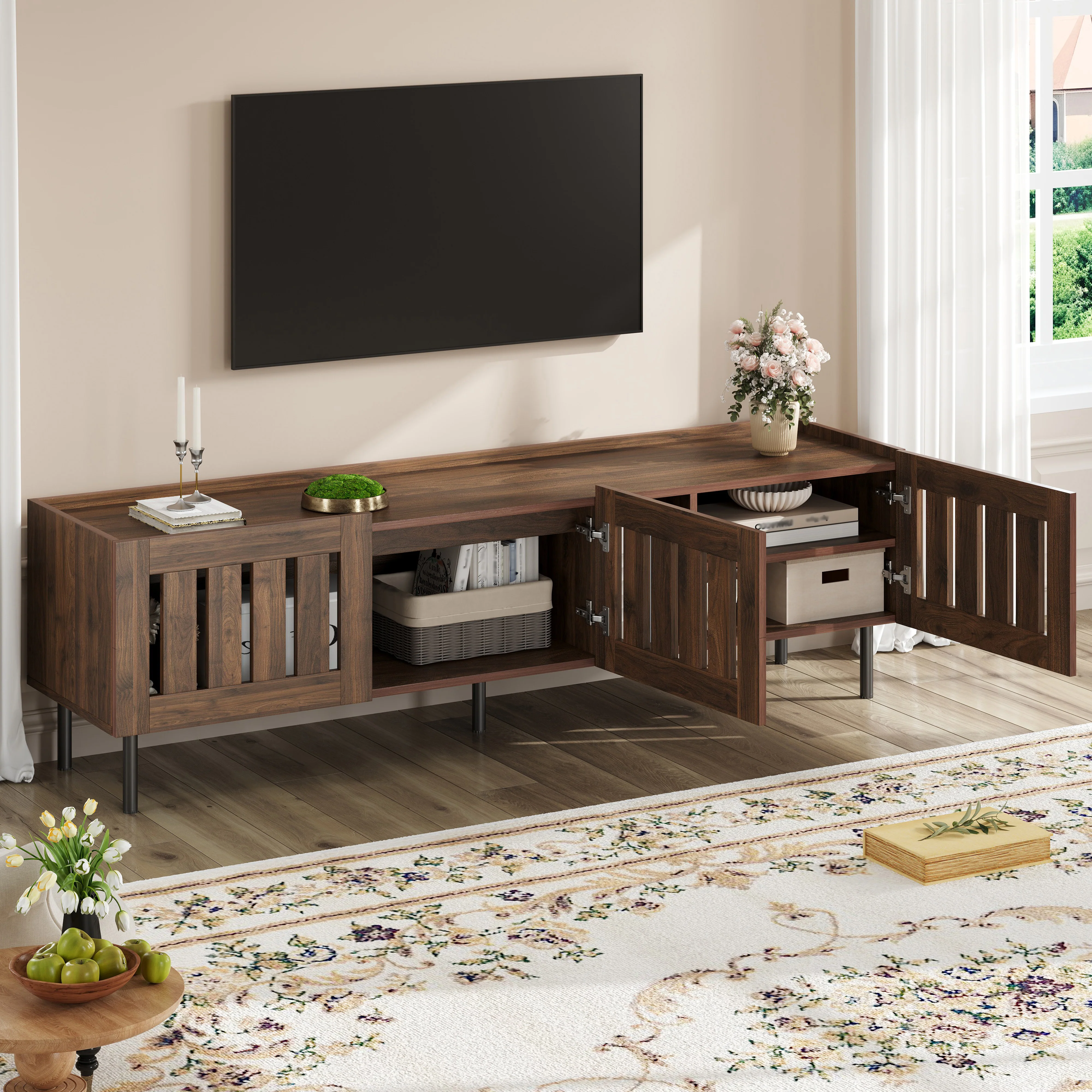 Lowboard Minimalist TV Stand 160cm for 65-inch TV Walnut Wood Finish