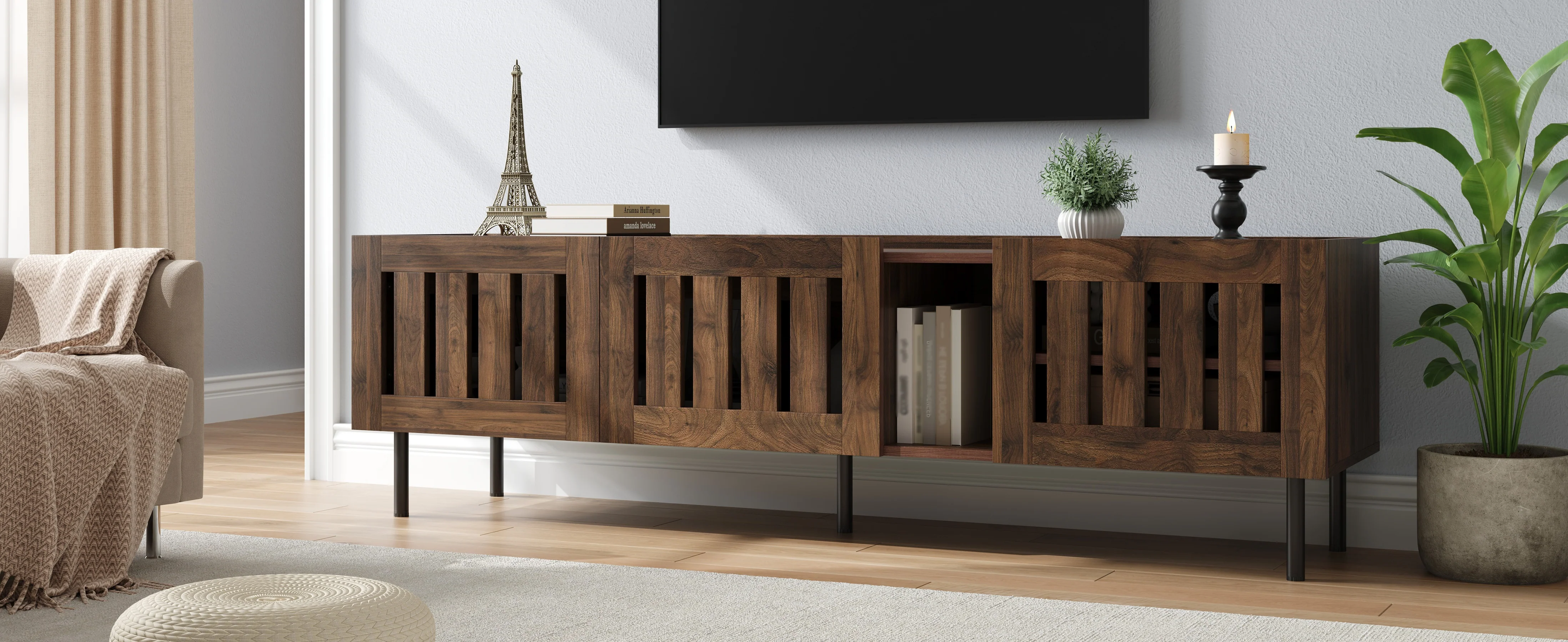 Lowboard Minimalist TV Stand 160cm for 65-inch TV Walnut Wood Finish - Image 9