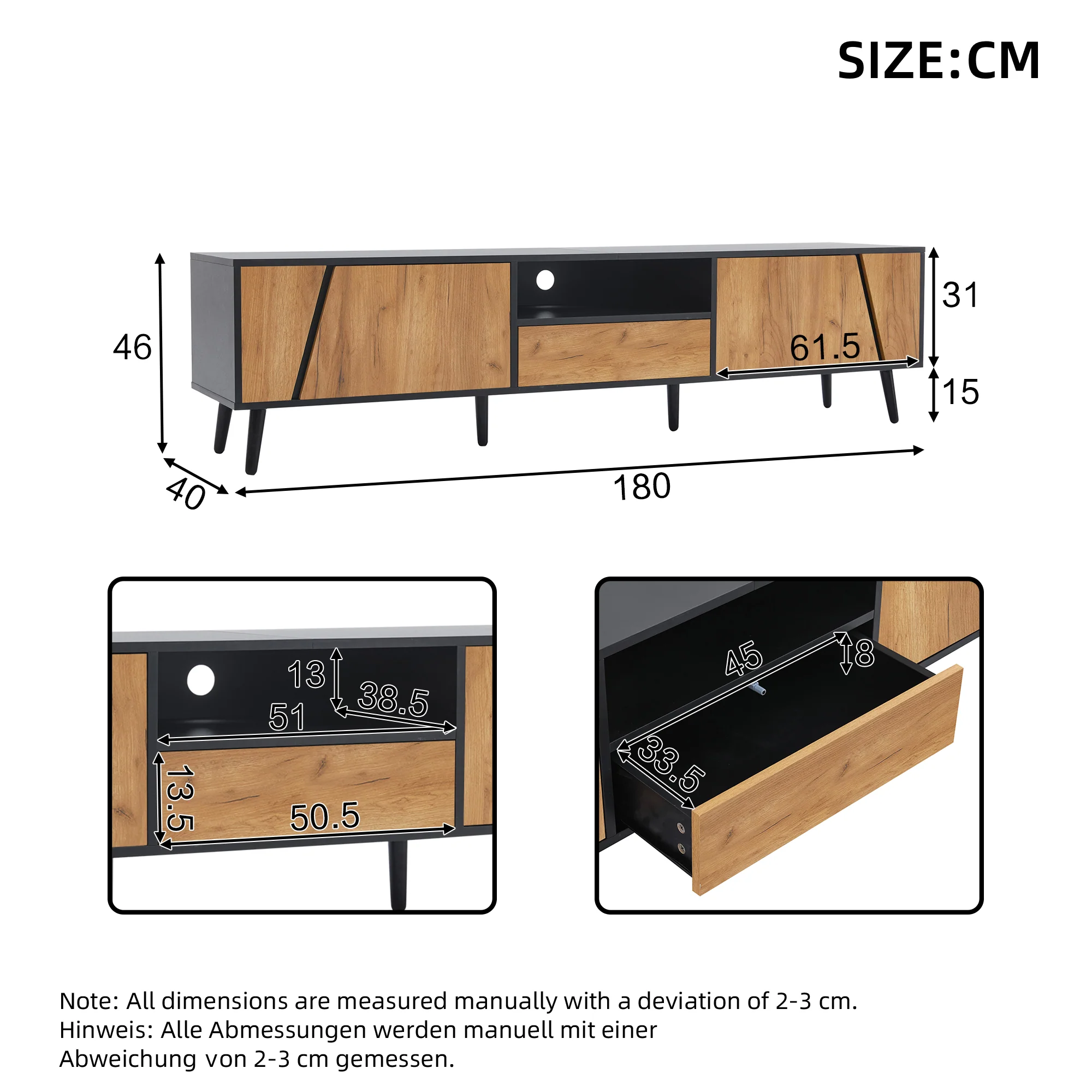 Lowboard TV Board, TV Cabinet with Drawers and 2 Cabinets, Modern Minimalist, Solid Wood - Image 2