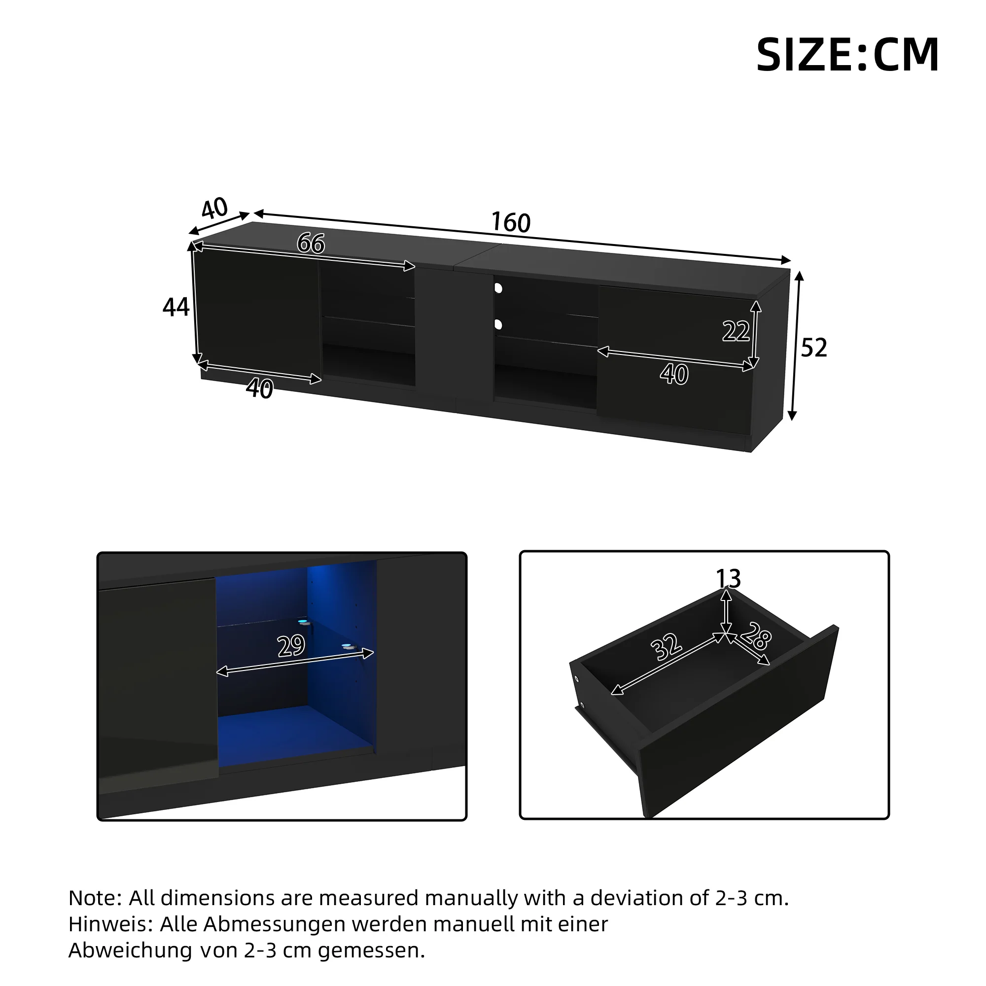 Lowboard TV Stand High-Gloss with LED Lighting 160cm for 65" TV Black - Image 10