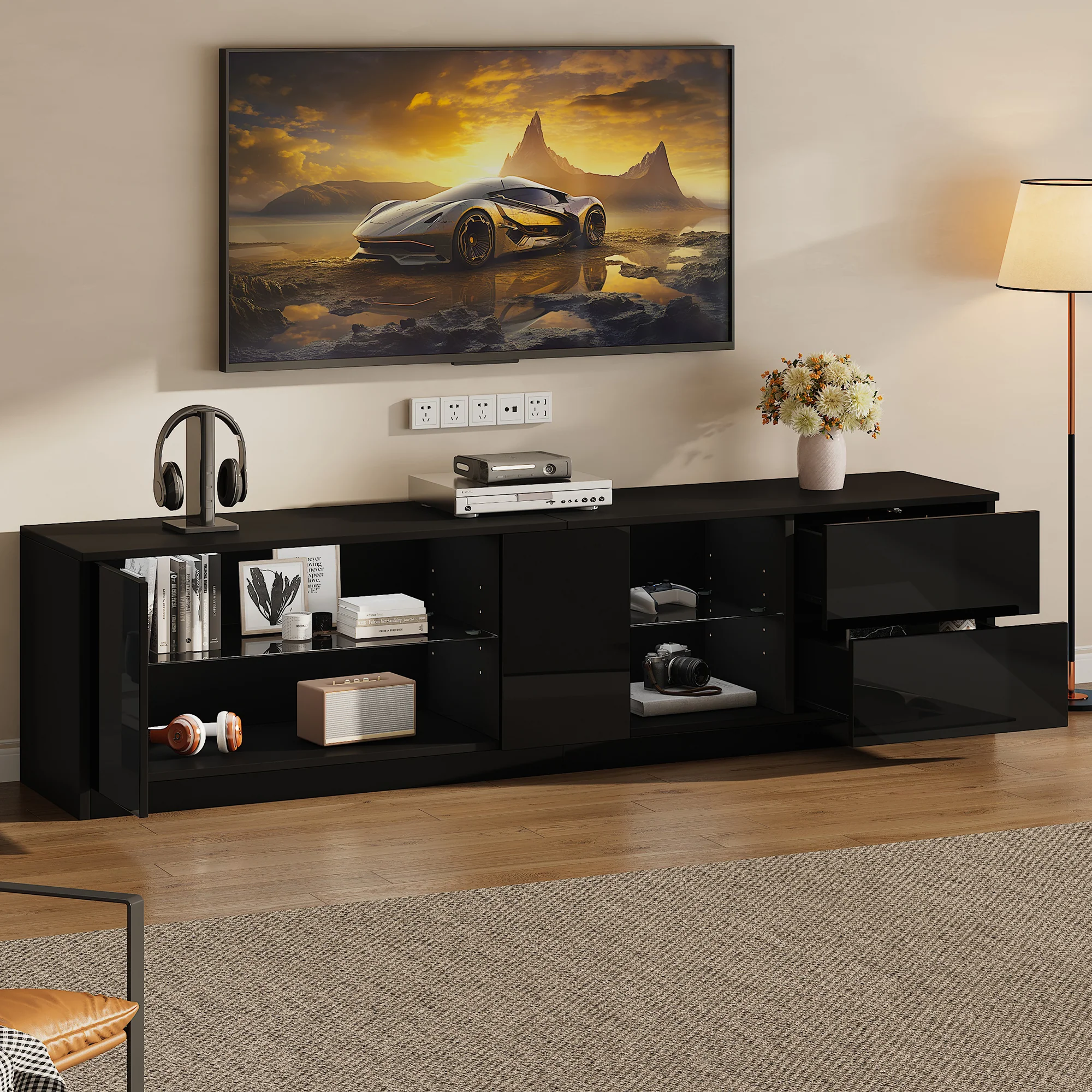 Lowboard TV Stand High-Gloss with LED Lighting 160cm for 65" TV Black - Image 2