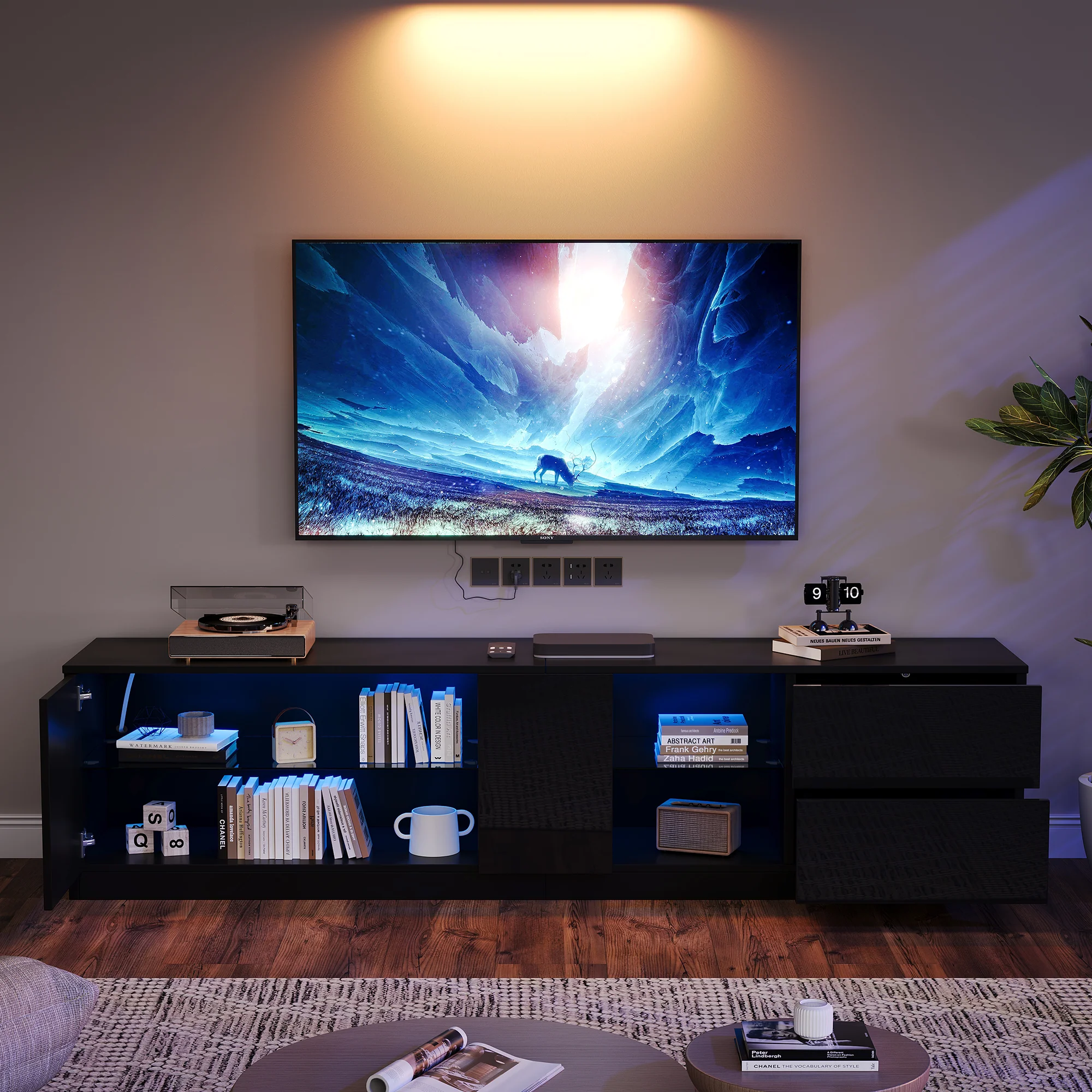 Lowboard TV Stand High-Gloss with LED Lighting 160cm for 65" TV Black - Image 3