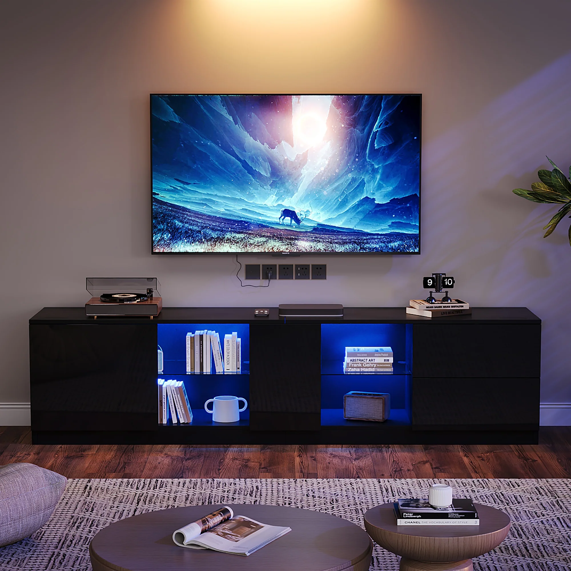 Lowboard TV Stand High-Gloss with LED Lighting 160cm for 65" TV Black - Image 4