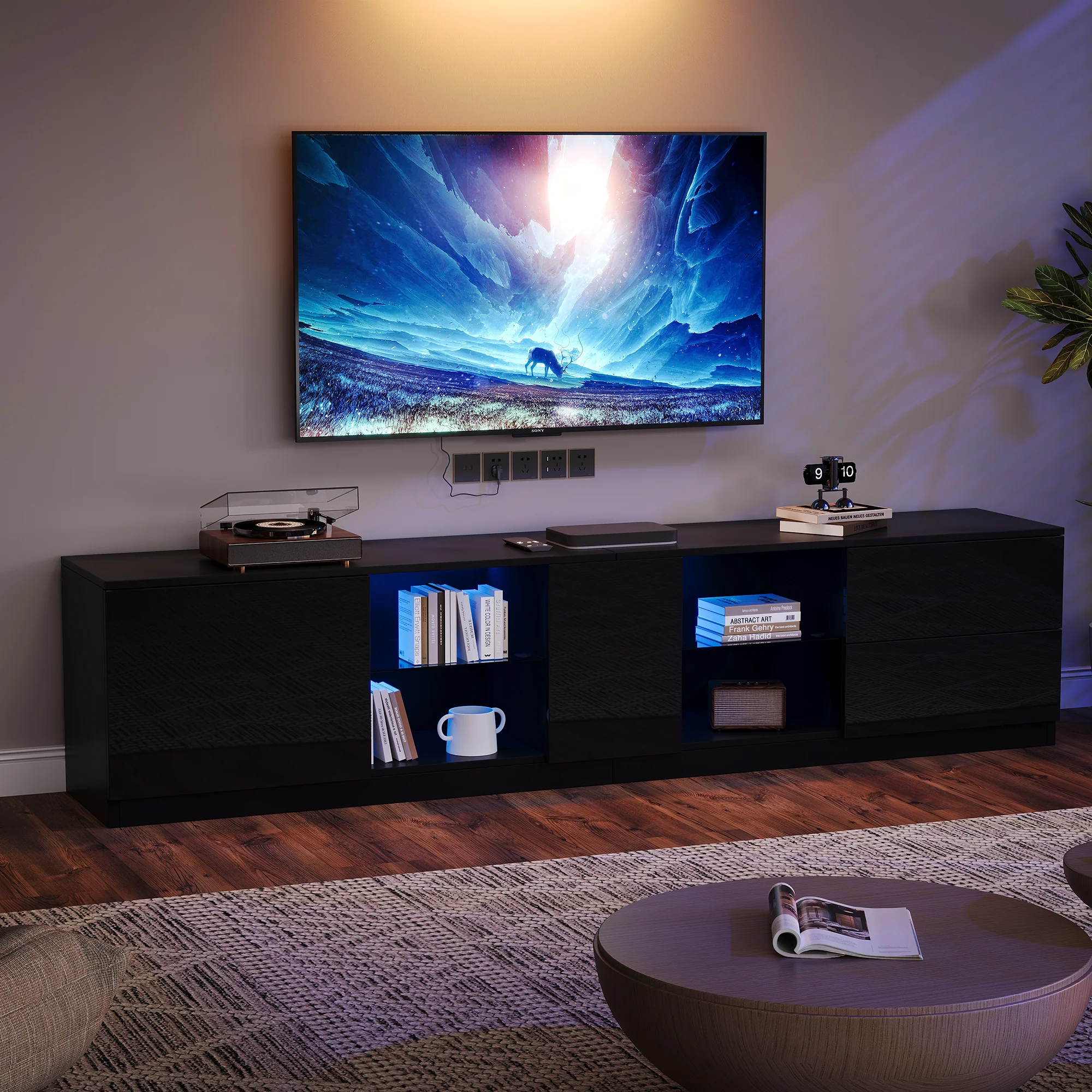 Lowboard TV Stand High-Gloss with LED Lighting 160cm for 65" TV Black - Image 5